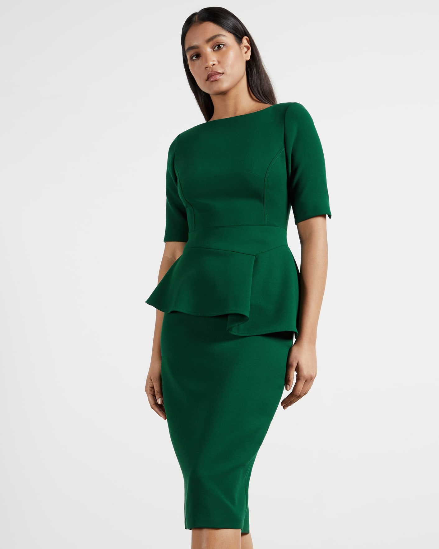 Dark Green Peplum Detail Short Sleeve Dress Ted Baker