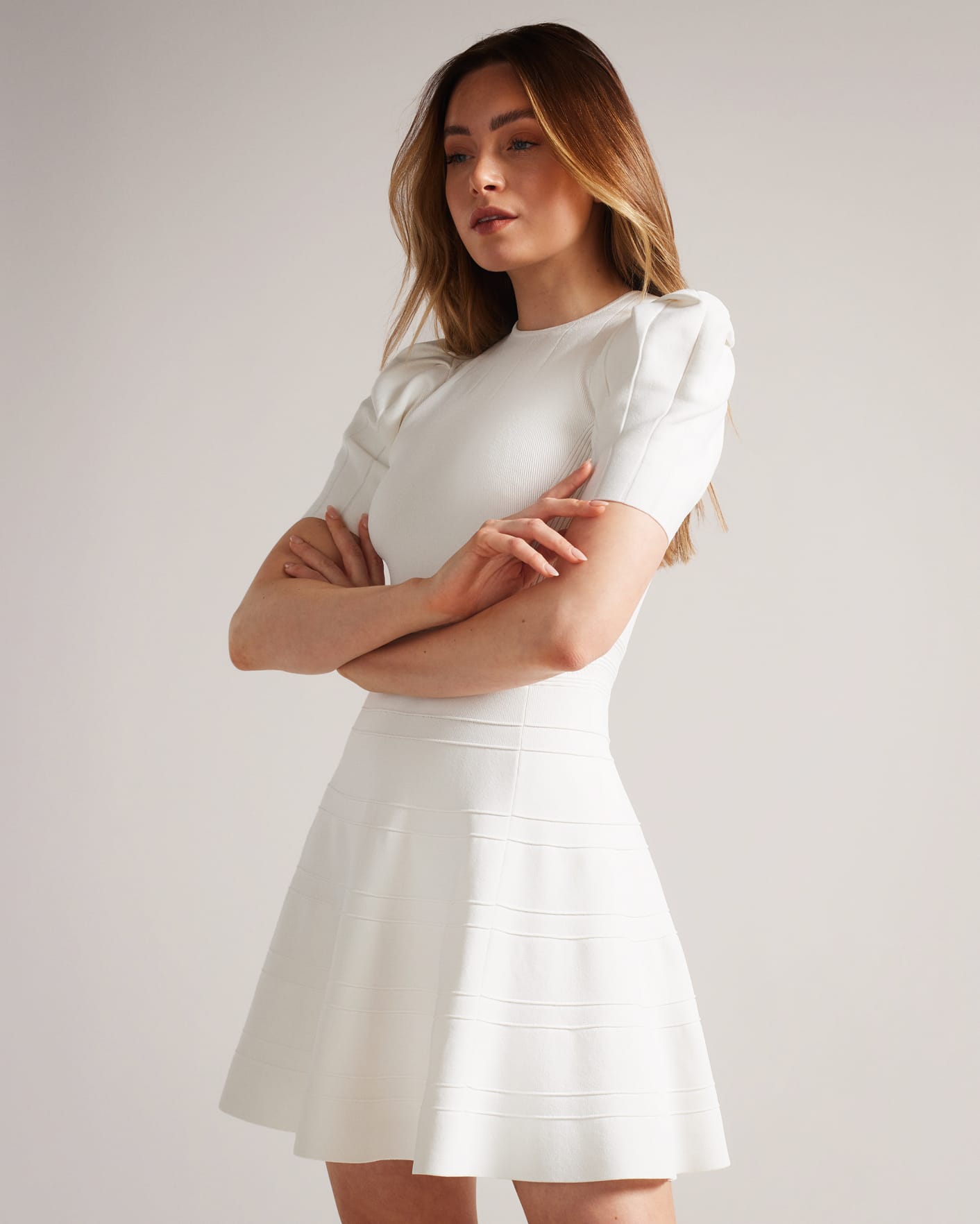 Ivory Puff Sleeve Dress With Engineered Skirt Ted Baker