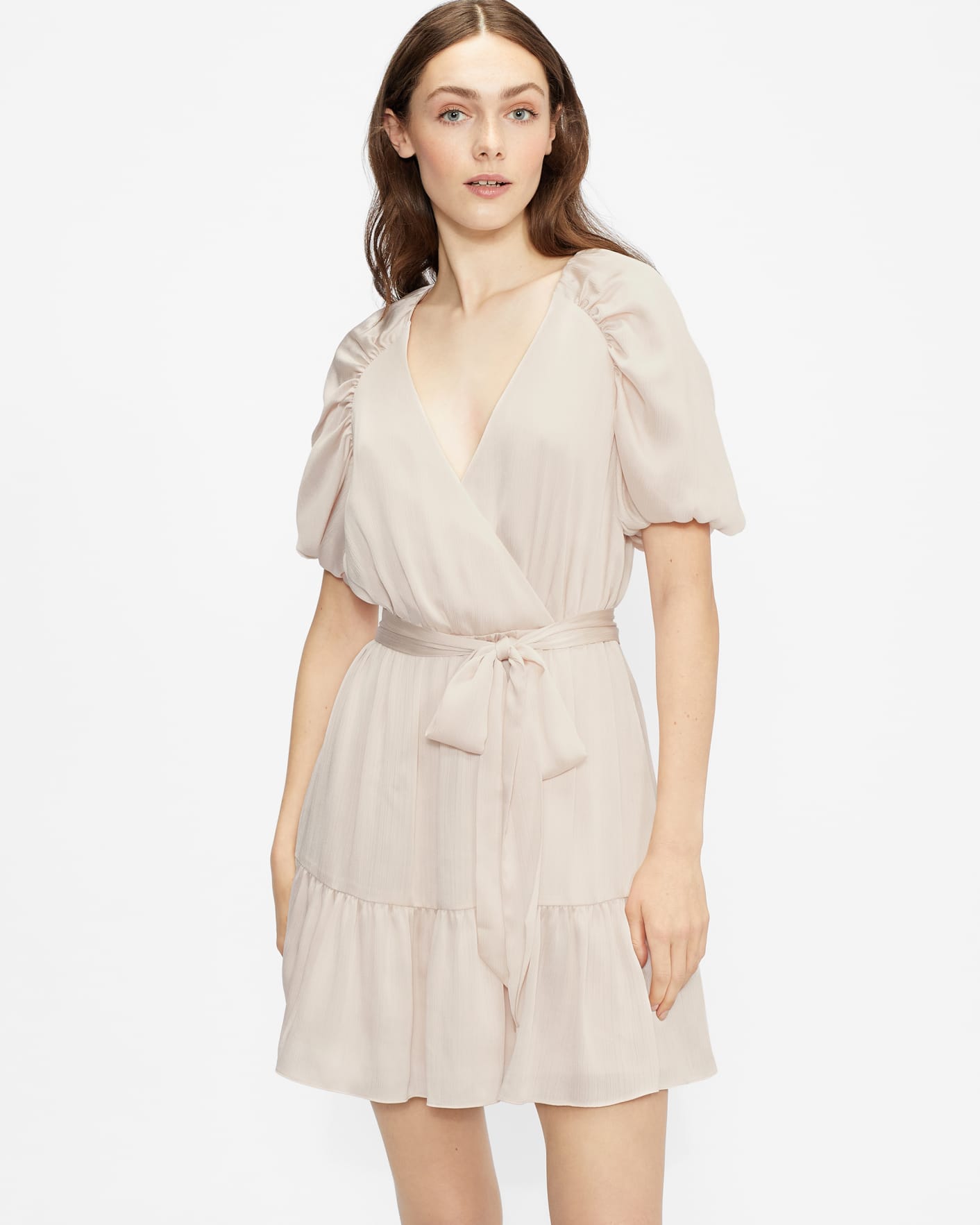 Light Pink Puff Sleeve Faux Wrap Dress Ted Baker