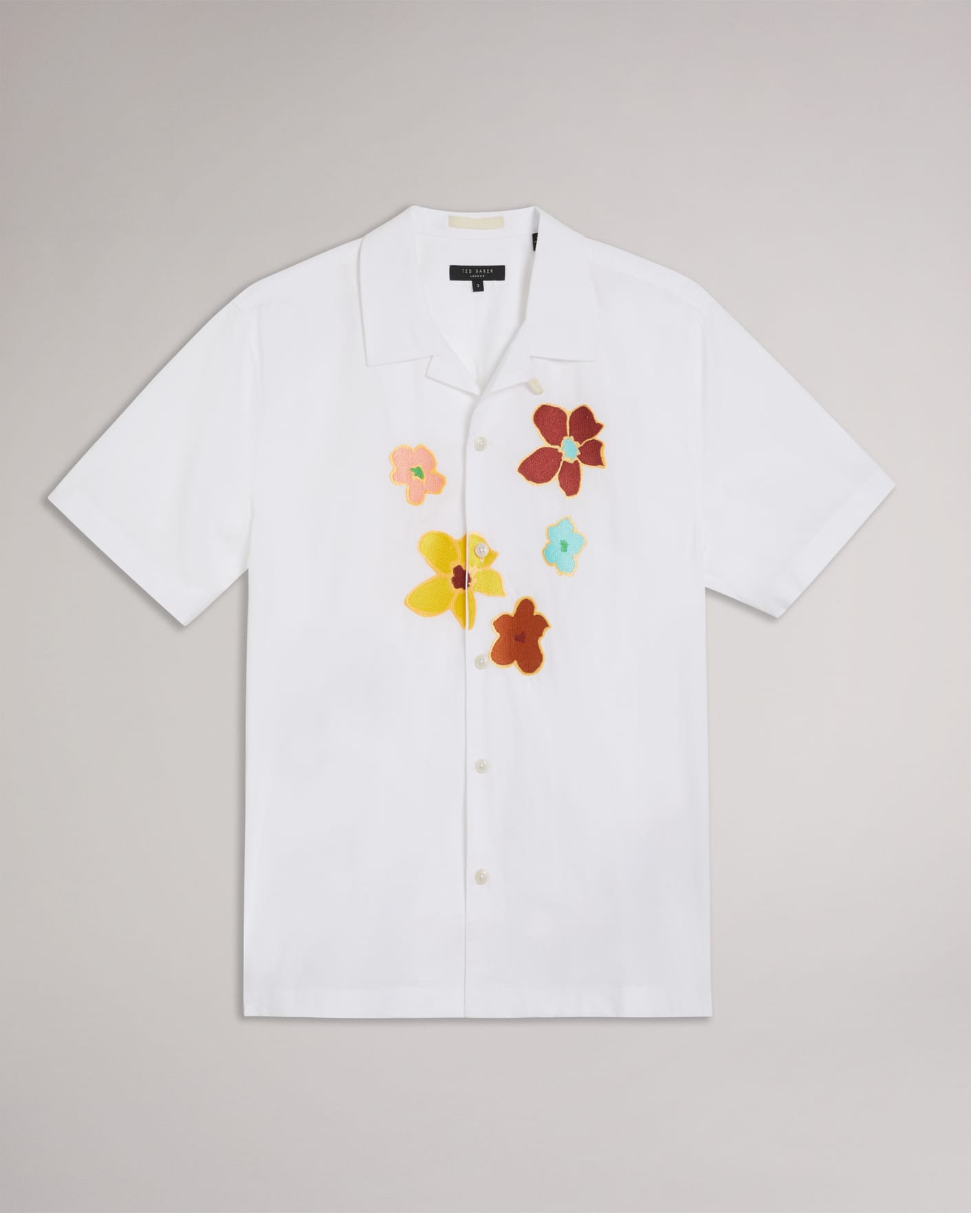 White Short Sleeve Revere Floral Applique Shirt Ted Baker