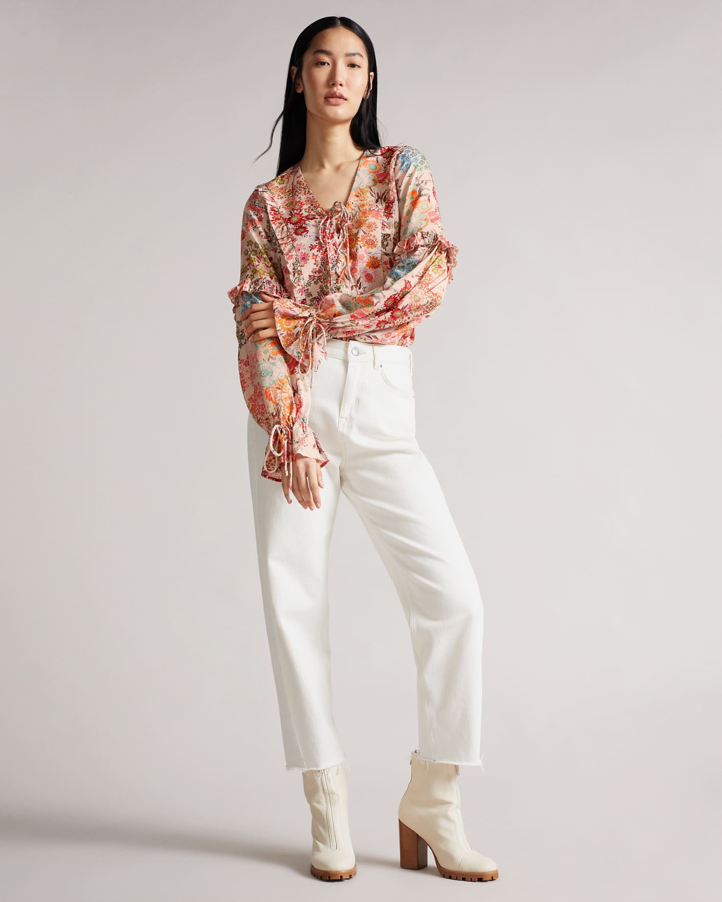 Pale Orange Ruffle Blouse With Lace Up Detailing Ted Baker