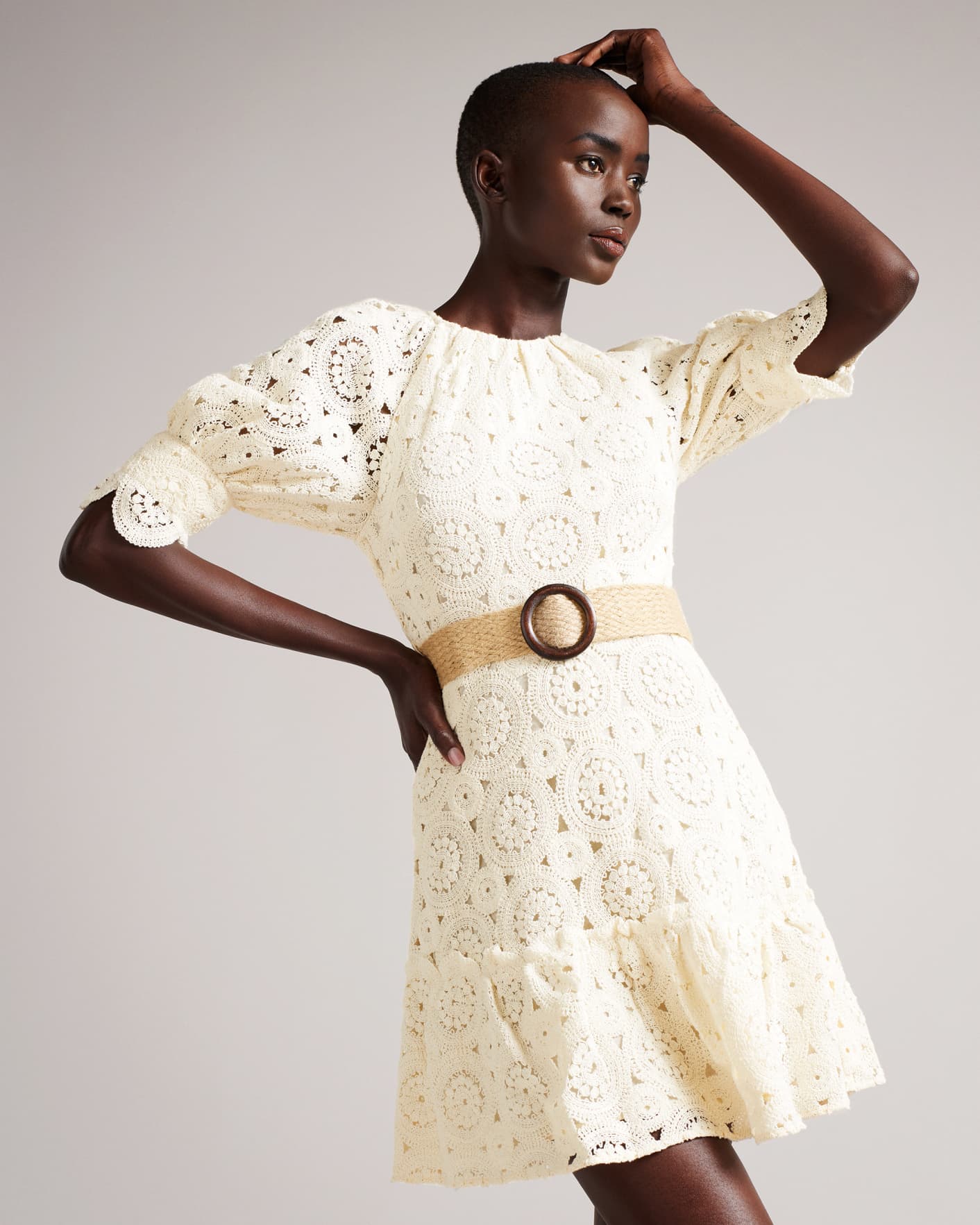 Ivory Lace Cut Out Mini Dress With Woven Belt Ted Baker