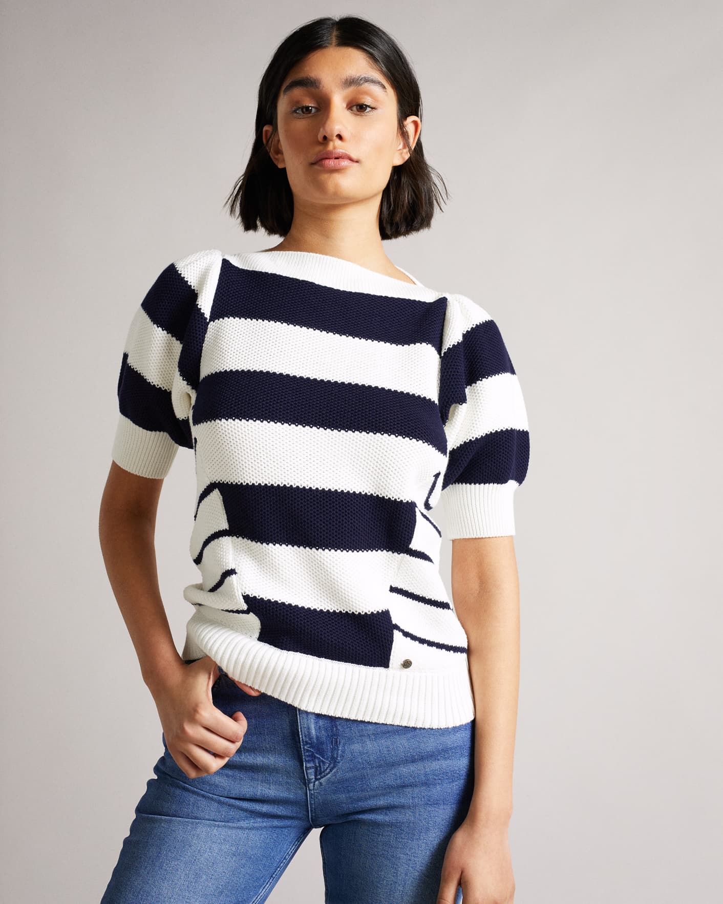 White Striped Puff Sleeve Jumper Ted Baker