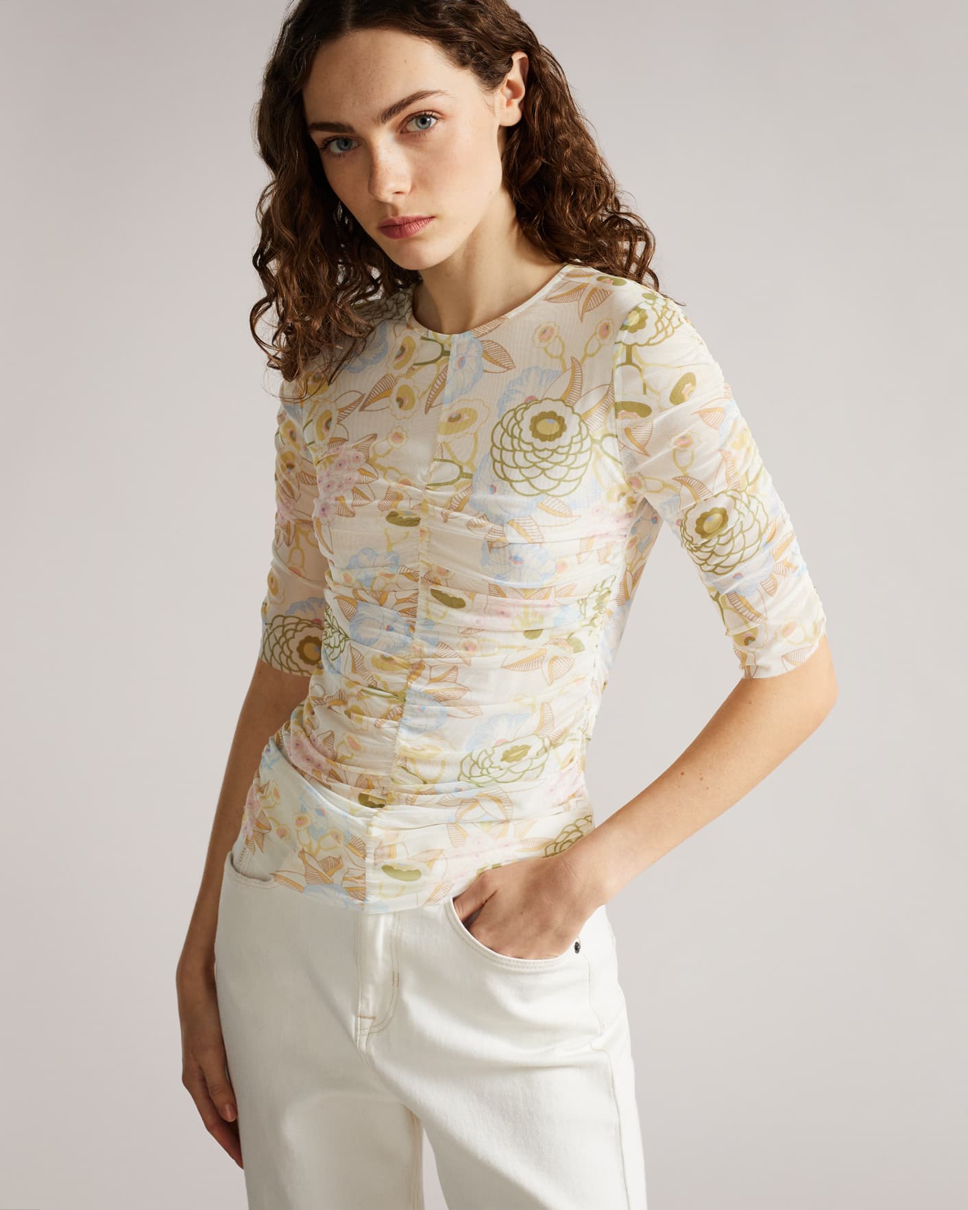 Light Yellow Ruched Mesh Tee Ted Baker