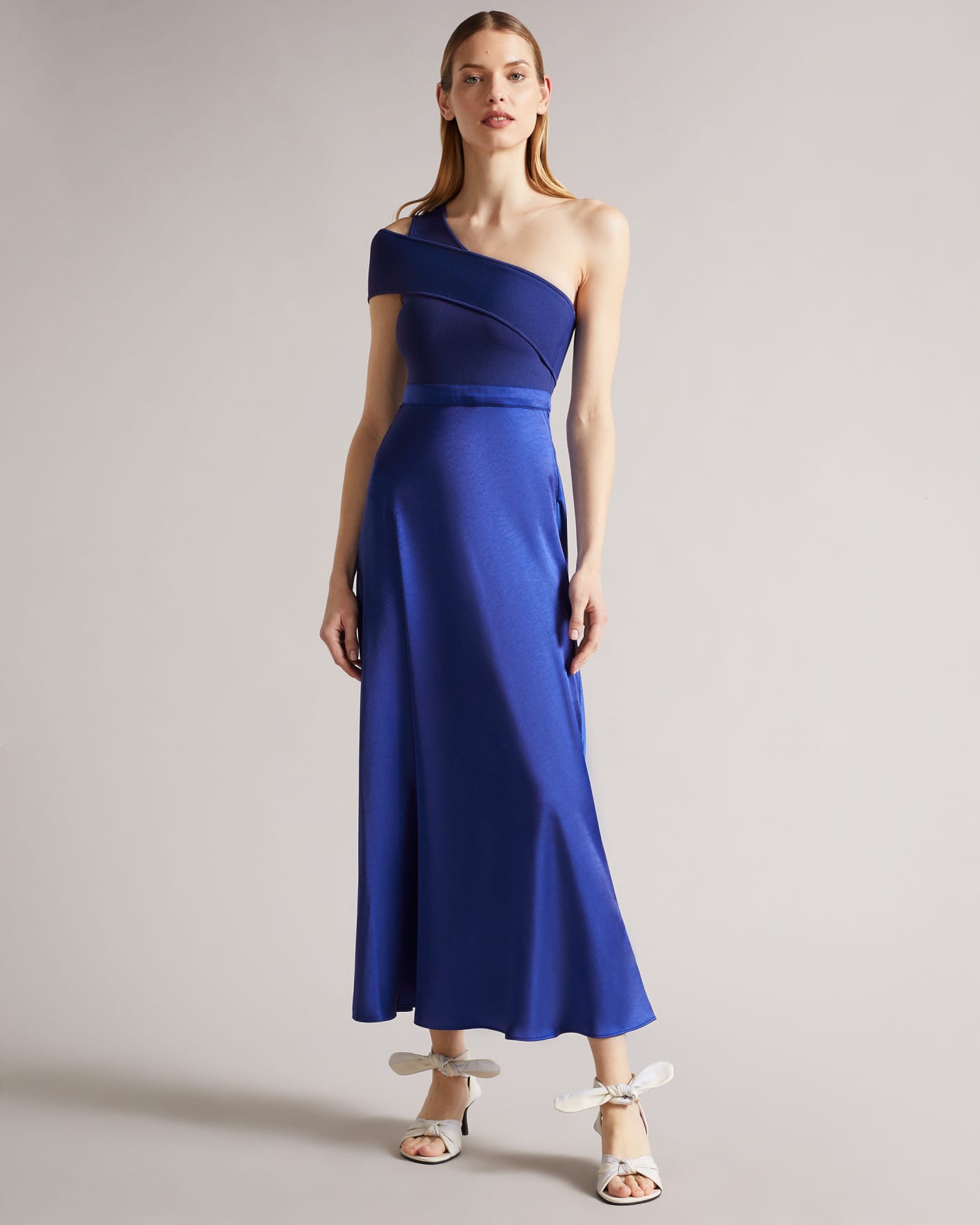 Dark Blue Asymmetric Knit Bodice Dress With Satin Skirt Ted Baker