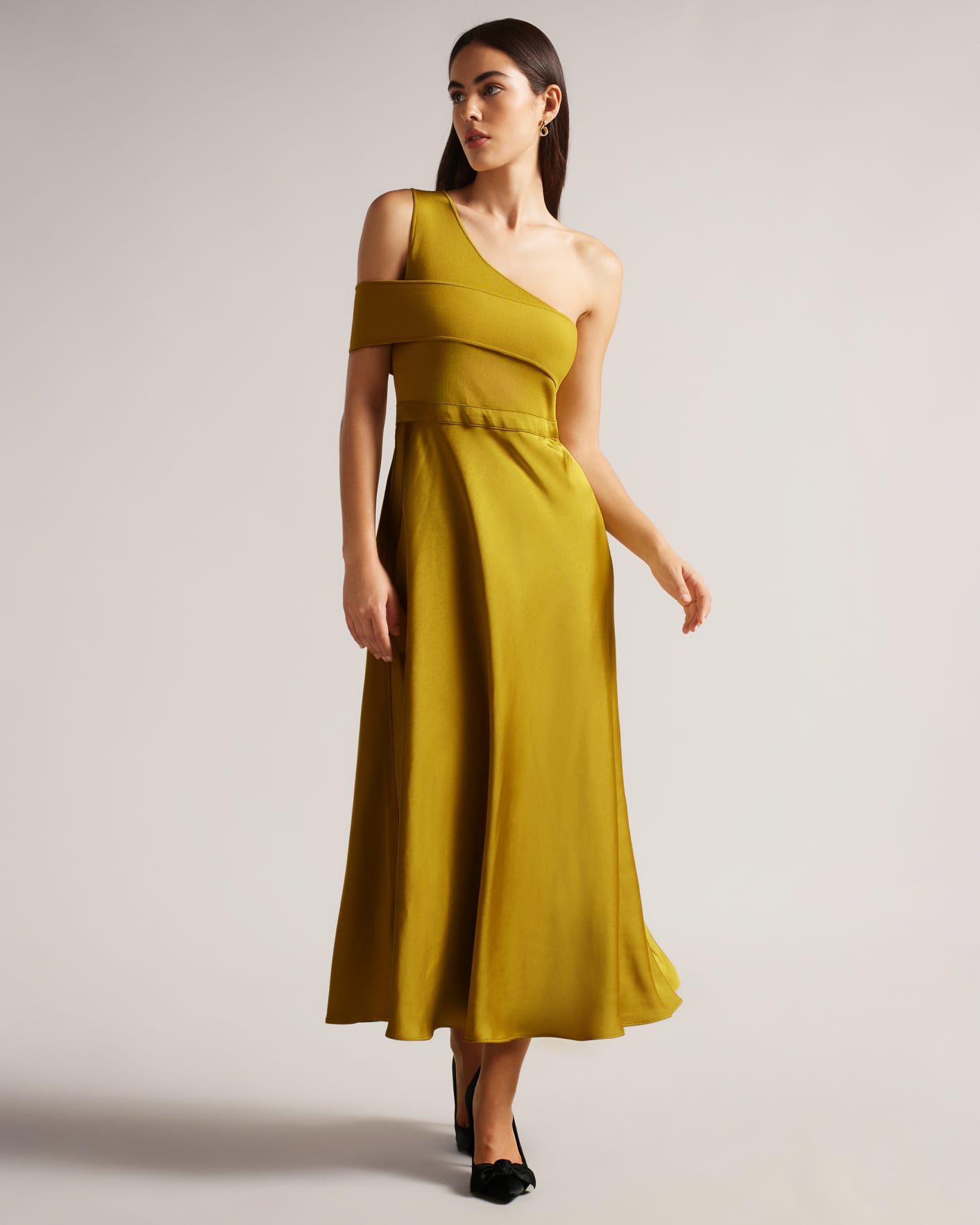Medium Yellow Asymmetric Knit Bodice Dress With Satin Skirt Ted Baker