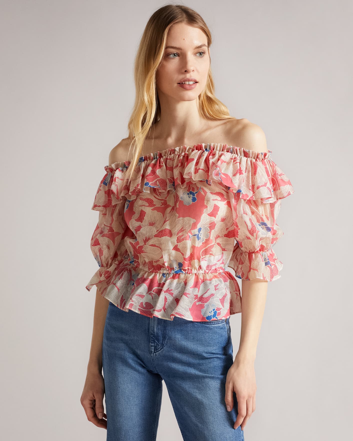 Medium Pink Off The Shoulder Top With Elasticated Waist Ted Baker