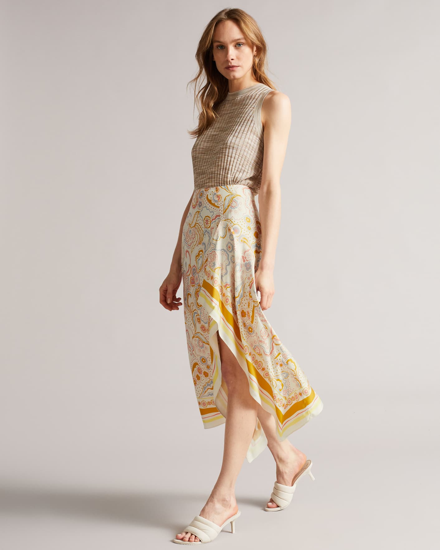 Yellow Column Skirt with Curved Asymmetric Panel Ted Baker