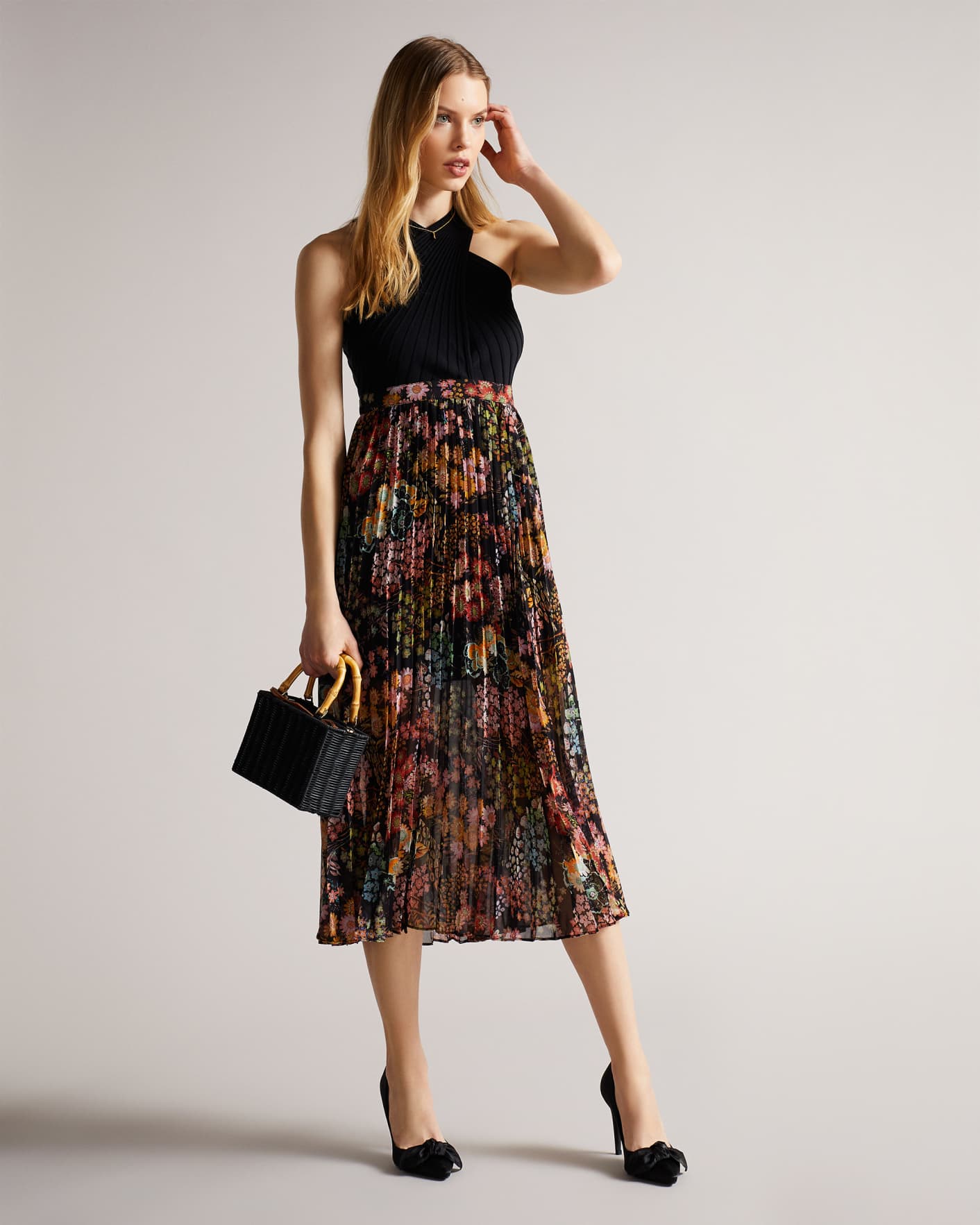Black Cross Front Pleated Dress With Knit Bodice Ted Baker