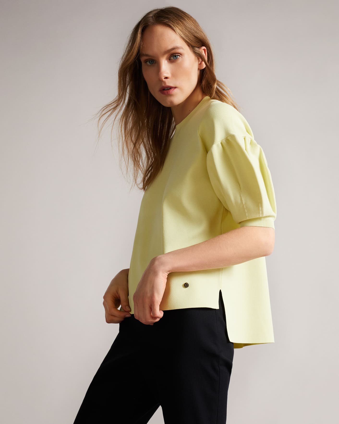 Light Yellow Full Needle Puff Sleeve Knit Top Ted Baker