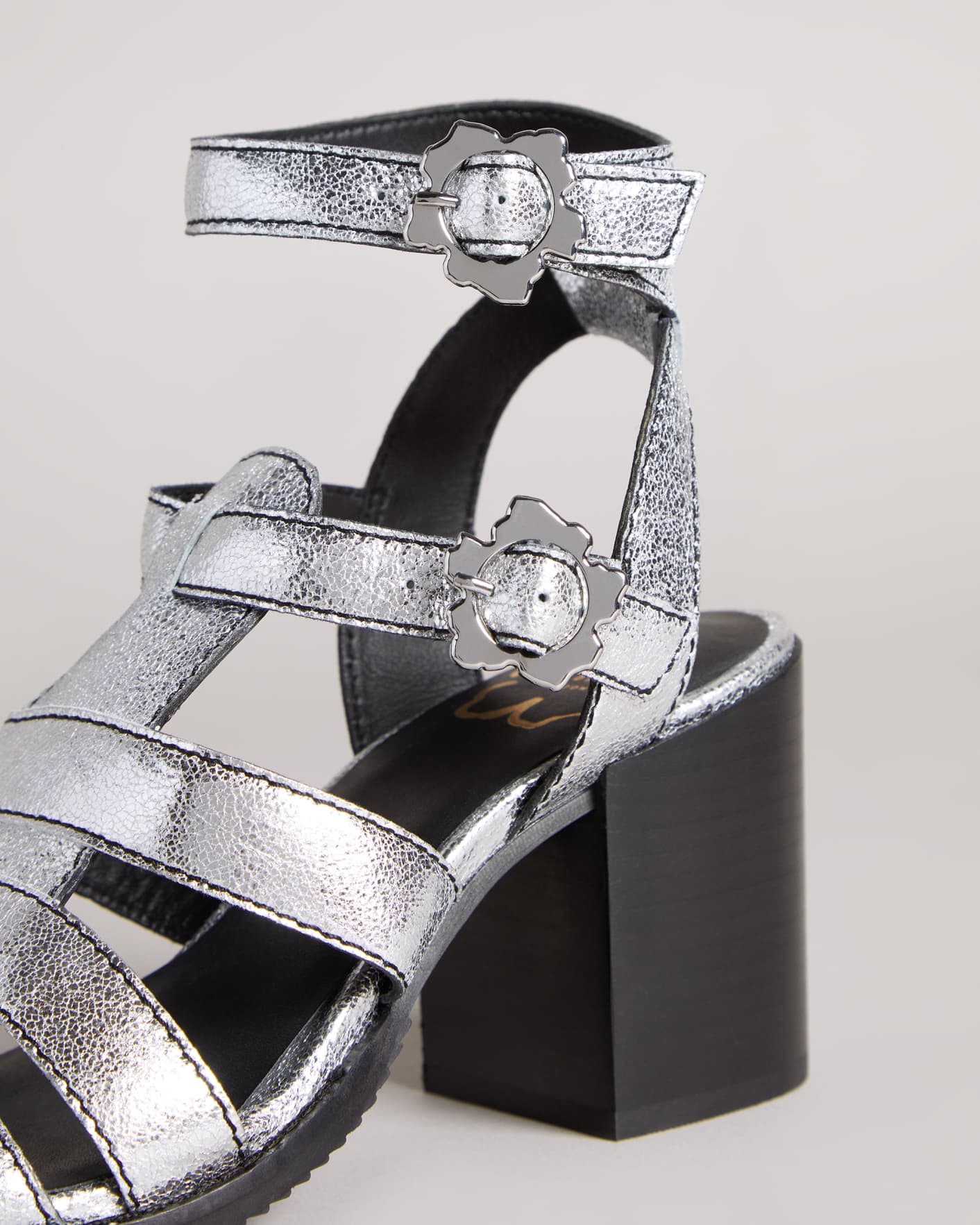 Silver Strappy Block Heeled Crinkled Leather Sandals Ted Baker
