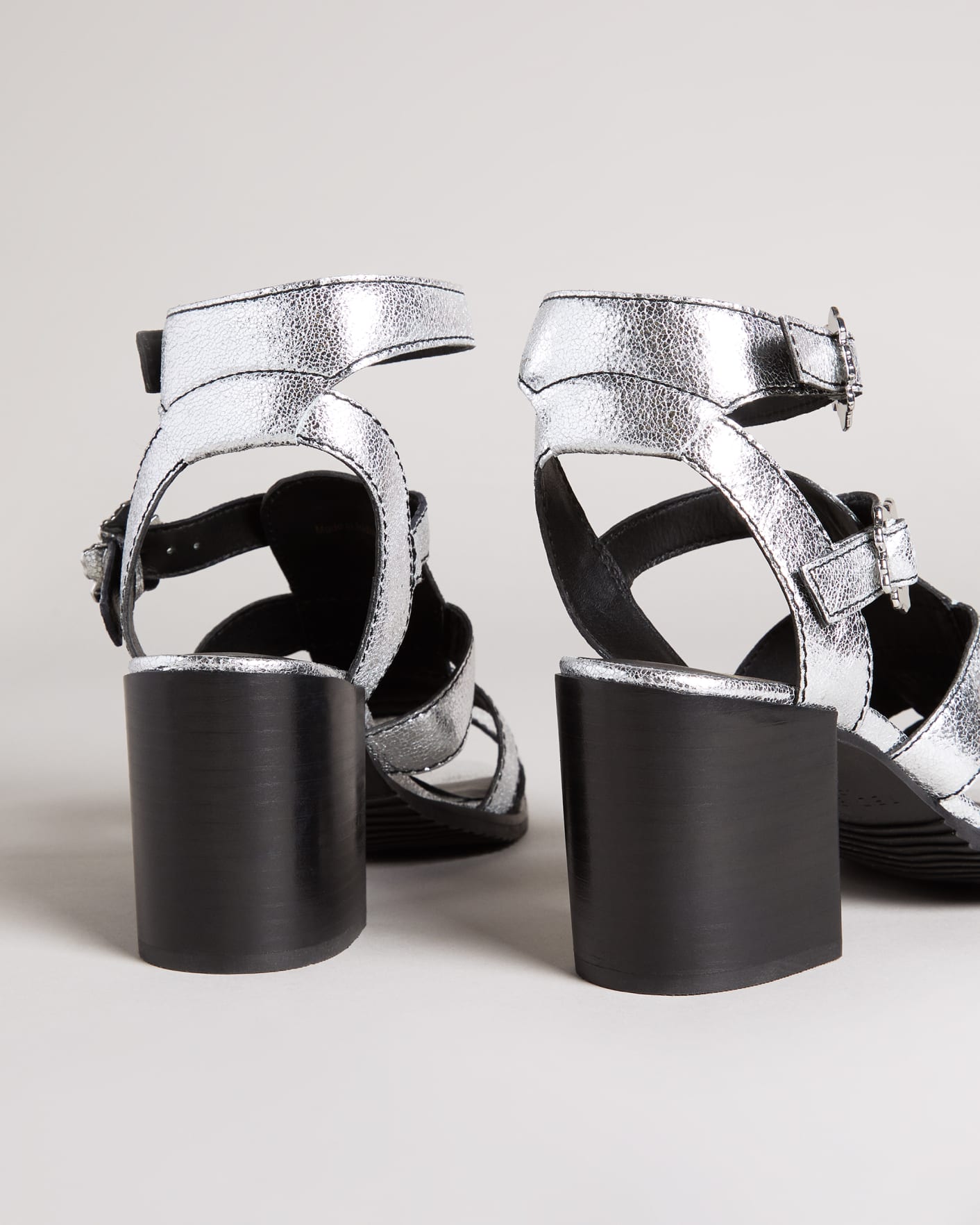 Silver Strappy Block Heeled Crinkled Leather Sandals Ted Baker