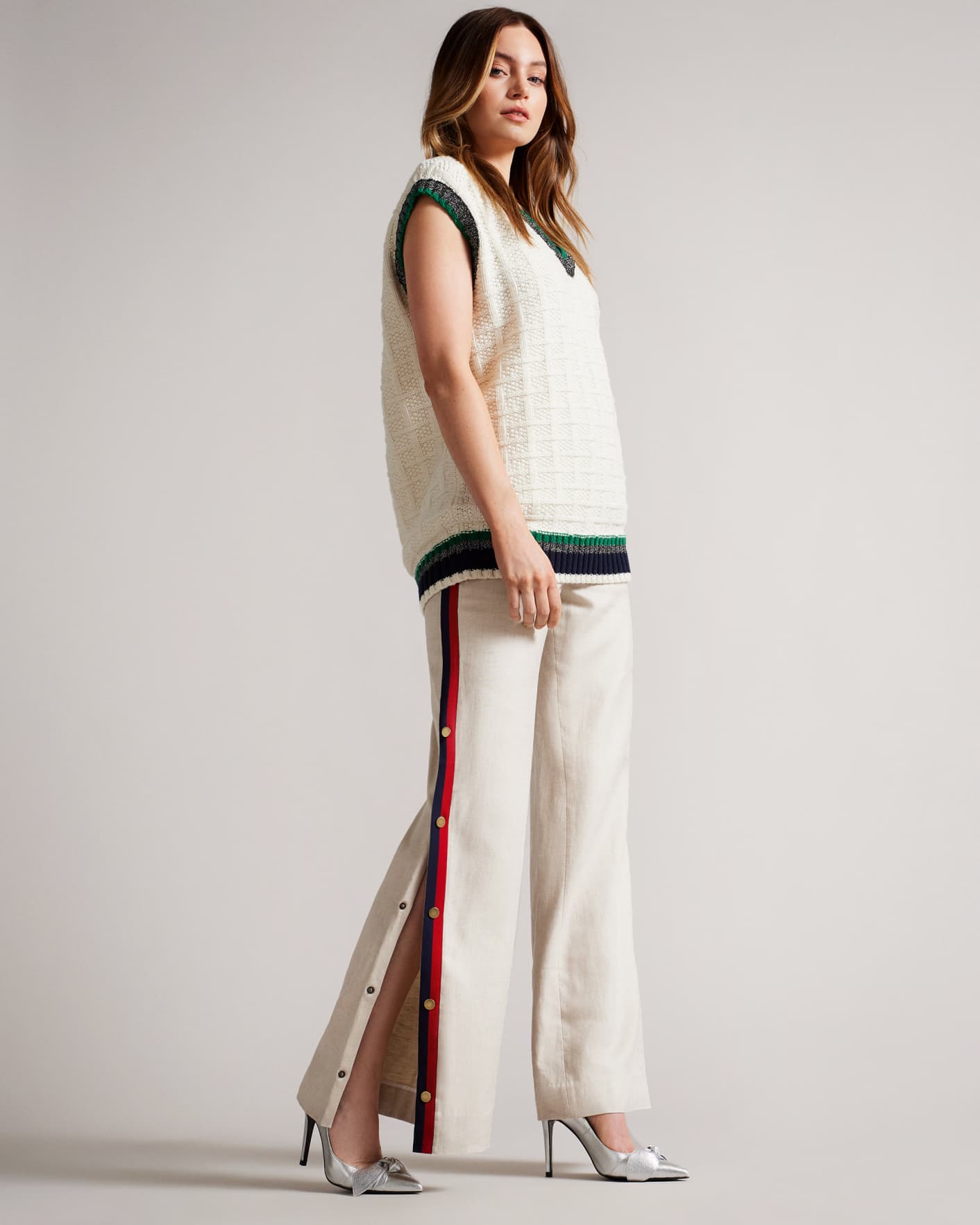 Natural MIB Wide Leg Trousers with Side Seam Tape Ted Baker