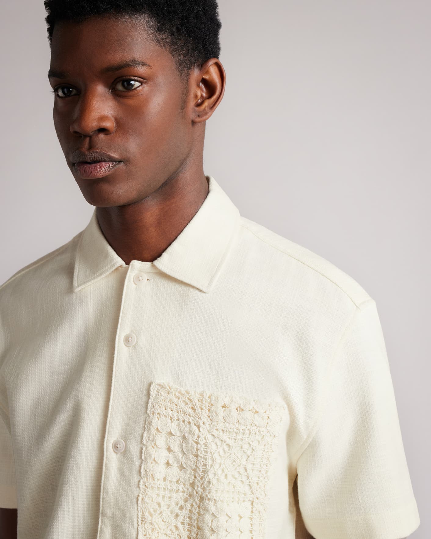 Natural Short Sleeve Shirt with Crochet Pocket Ted Baker