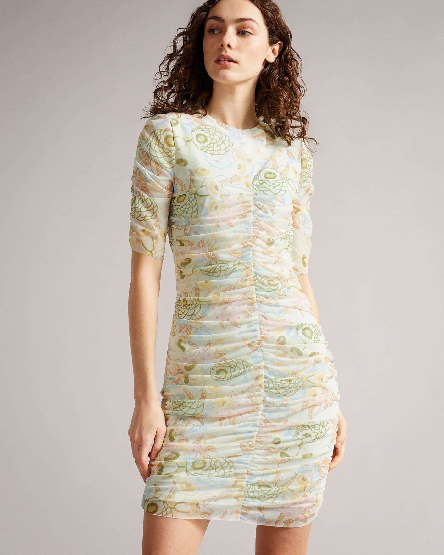 Light Yellow Ruched Mesh Dress Ted Baker