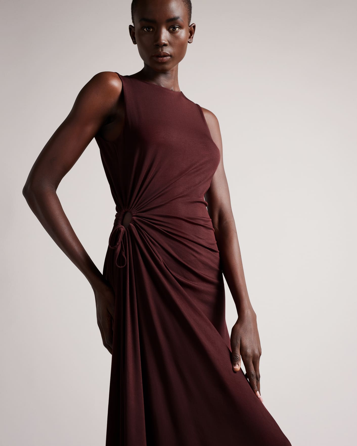 Brown Jersey Dress With Ruched Circle Cut Out Ted Baker