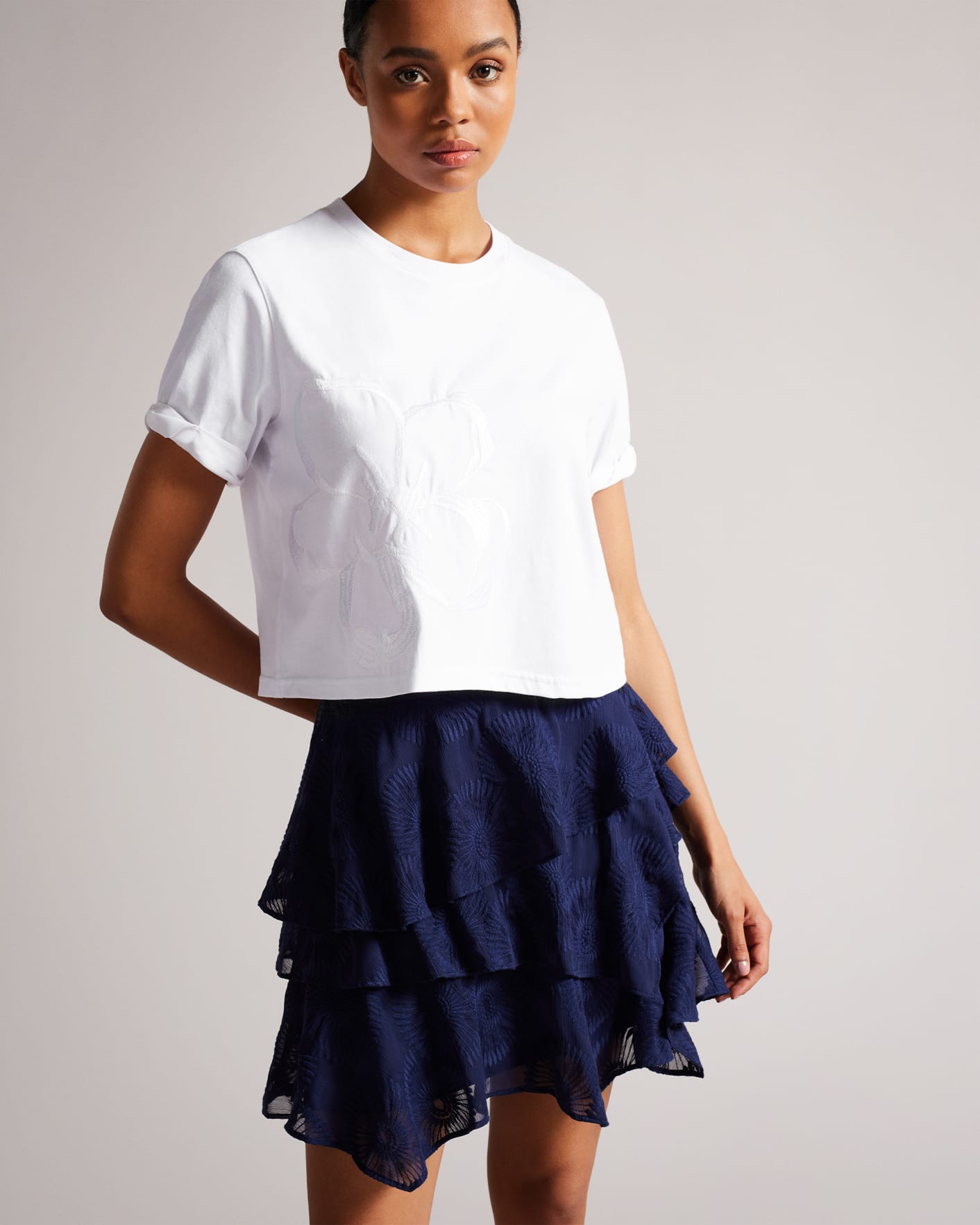 White Roll Sleeve Tee With Satin Stitch Magnolia Ted Baker