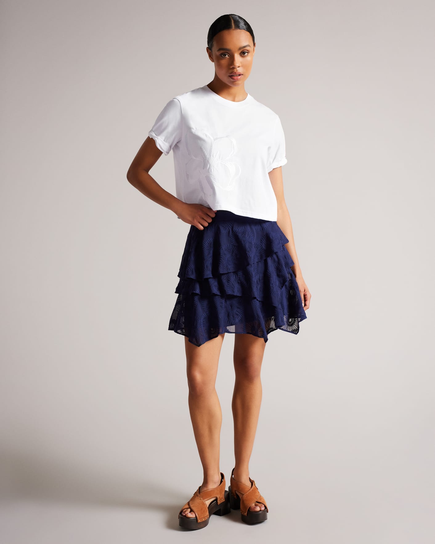 White Roll Sleeve Tee With Satin Stitch Magnolia Ted Baker
