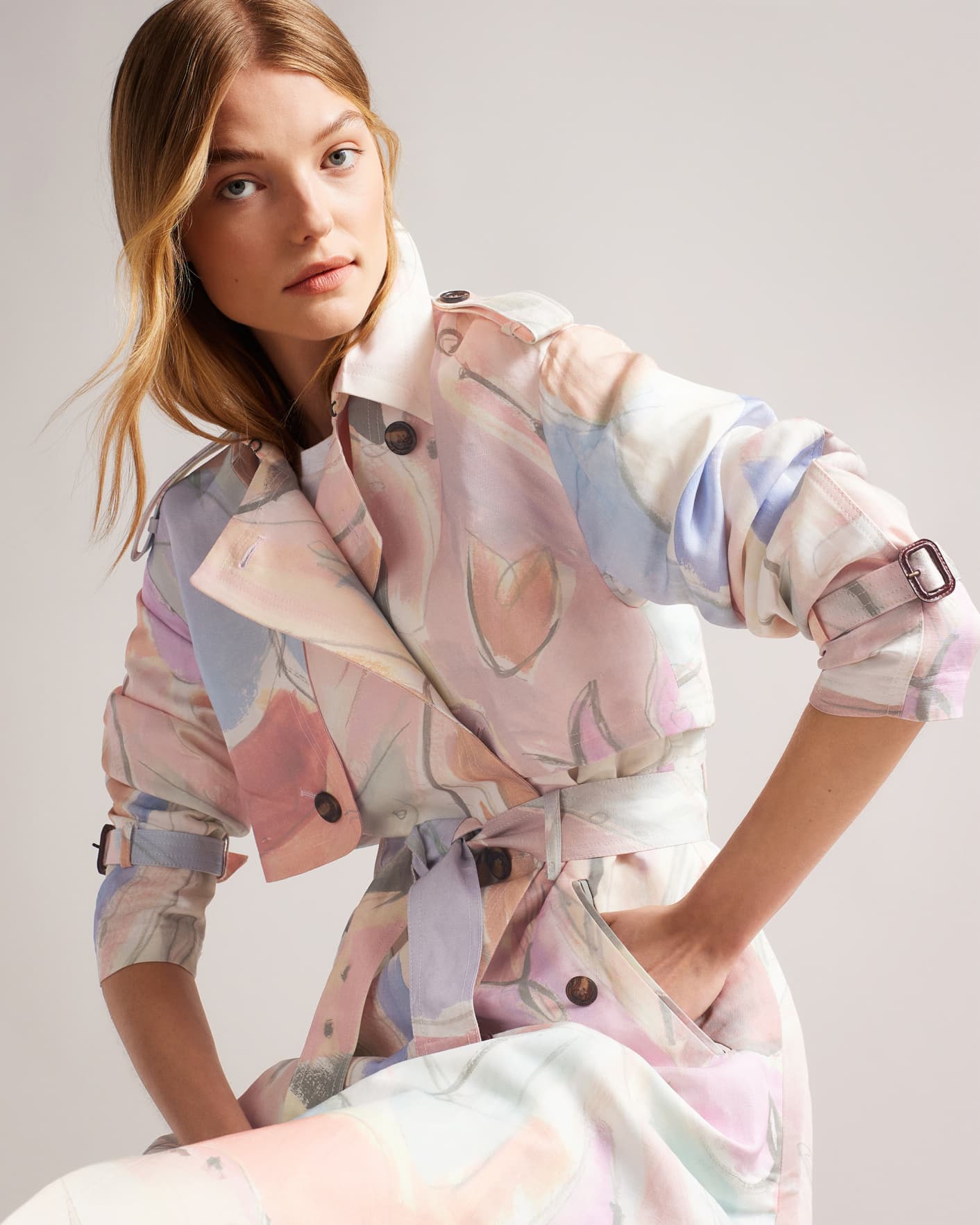 Ivory Abstract Print Linen Trench Coat Ted Baker