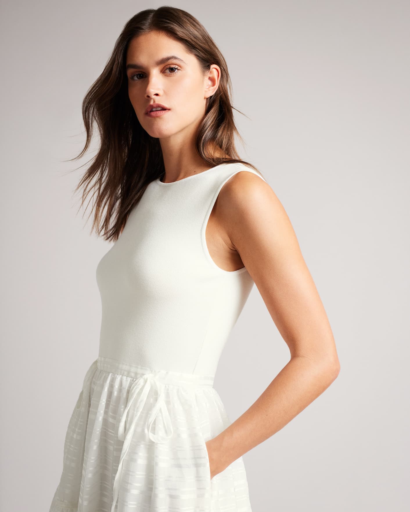 Ivory Knit Bodice Midi Dress With Tiered Skirt Ted Baker