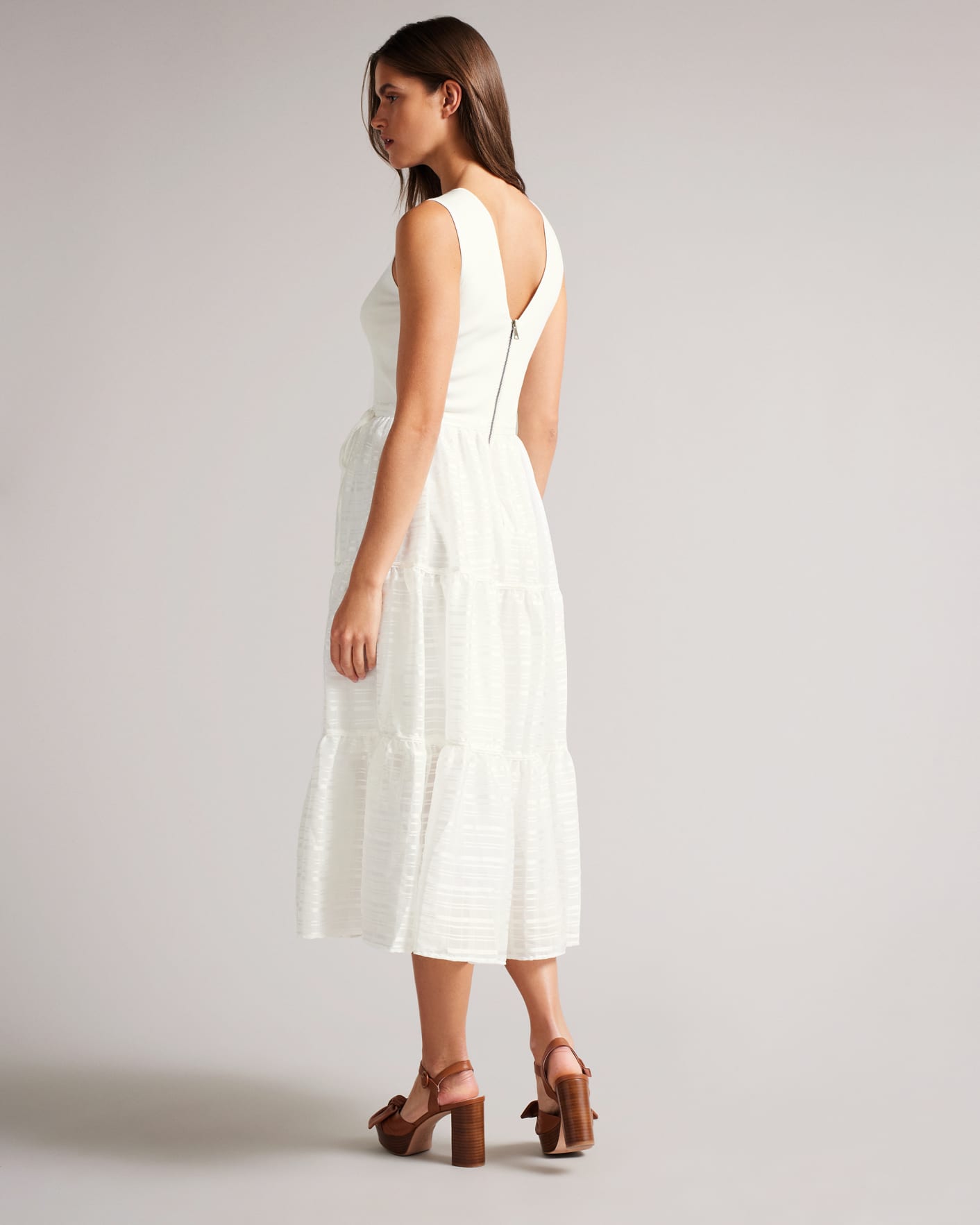 Ivory Knit Bodice Midi Dress With Tiered Skirt Ted Baker