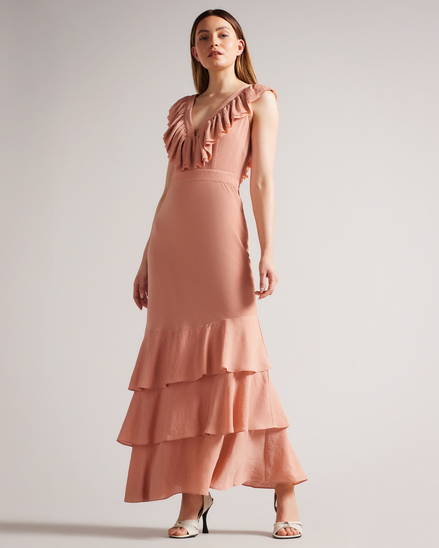 Dusky Pink Crinkle Crepe Maxi Dress With Ruffle Ted Baker