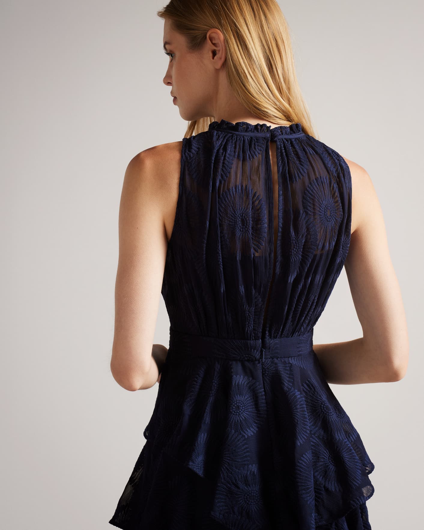 Dark Navy Embroidered Midi Dress With Tiered Skirt Ted Baker