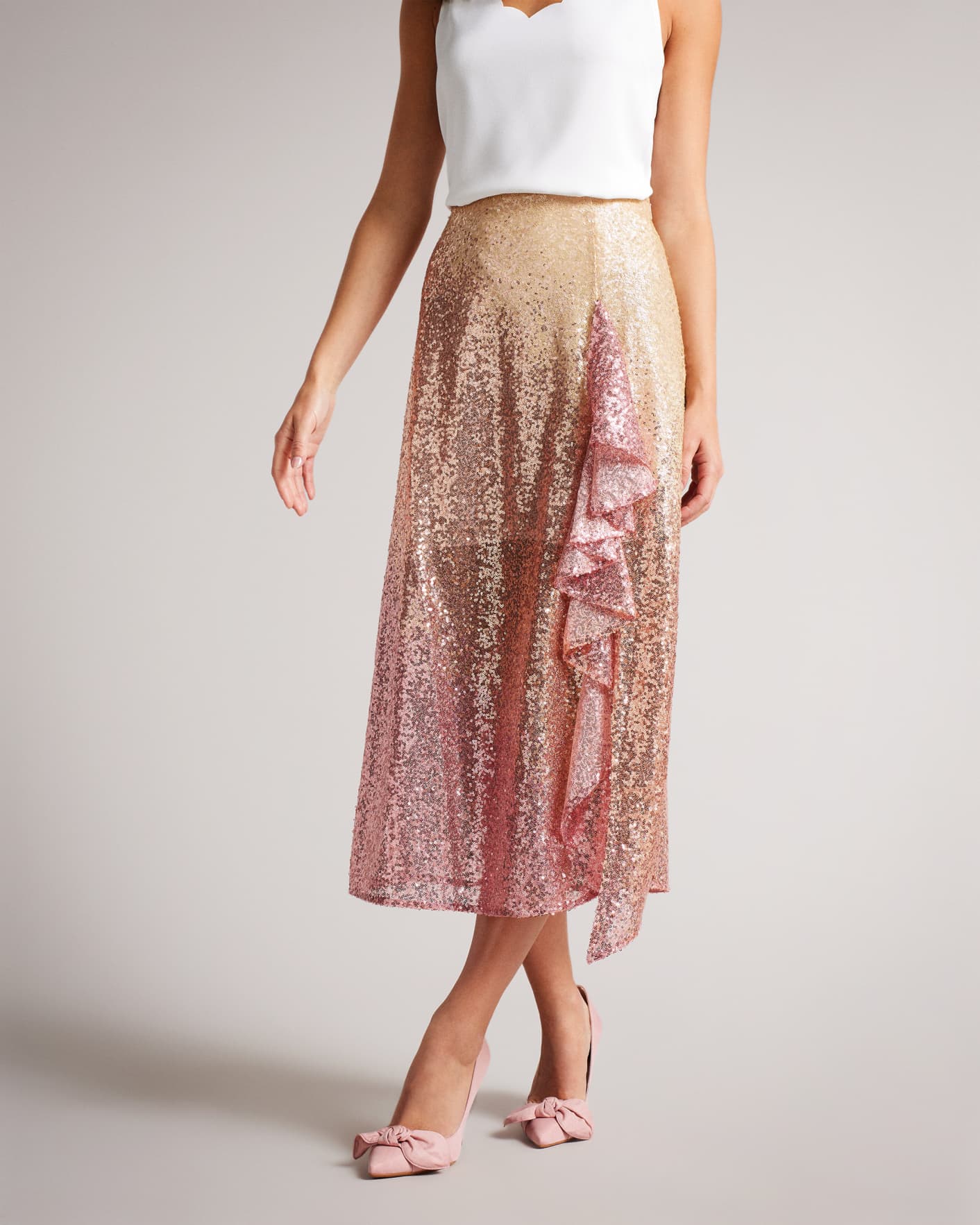 Dusky Pink Ombre Sequin Midi Skirt Ted Baker