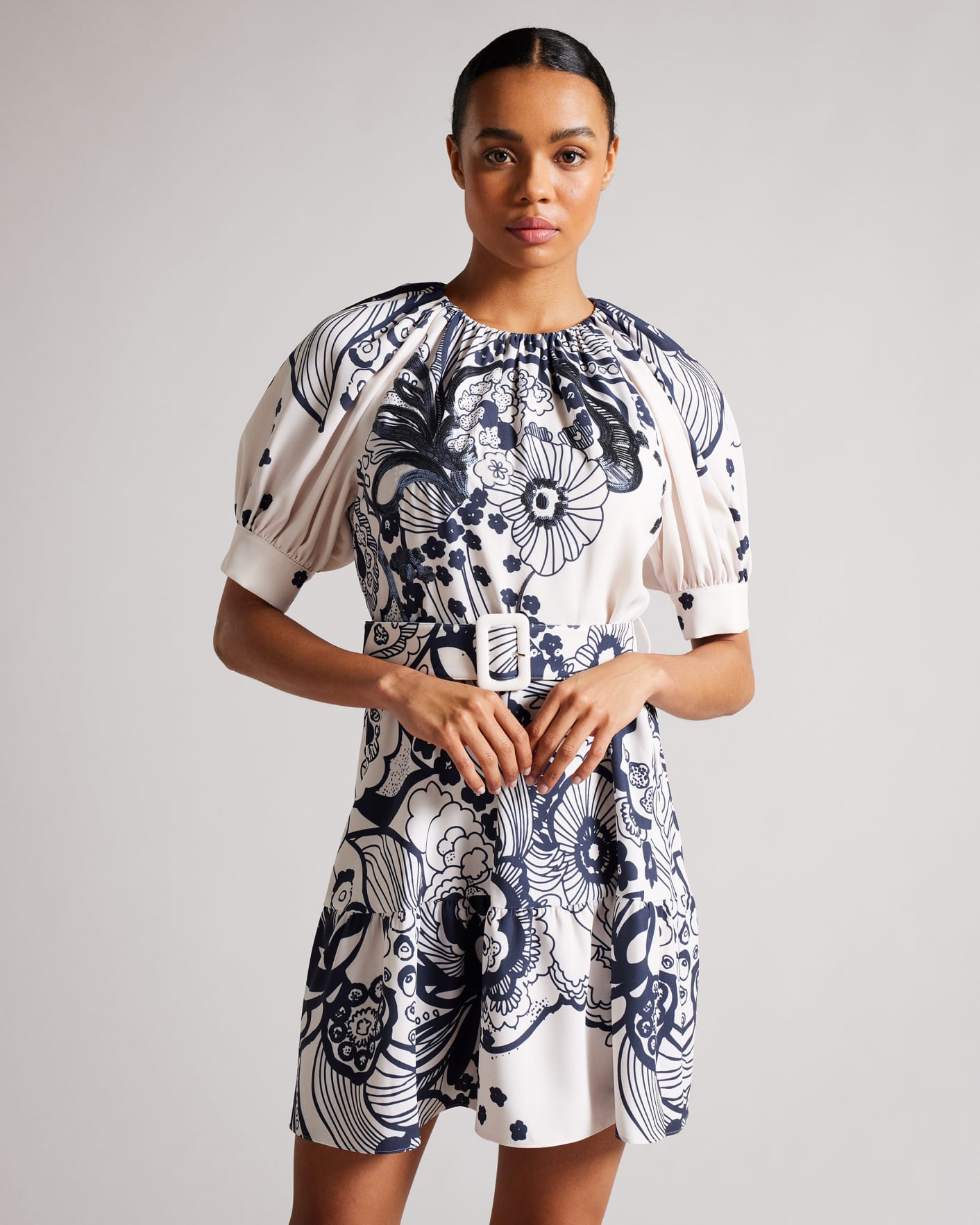 Natural Mini Dress With Puff Sleeves Ted Baker