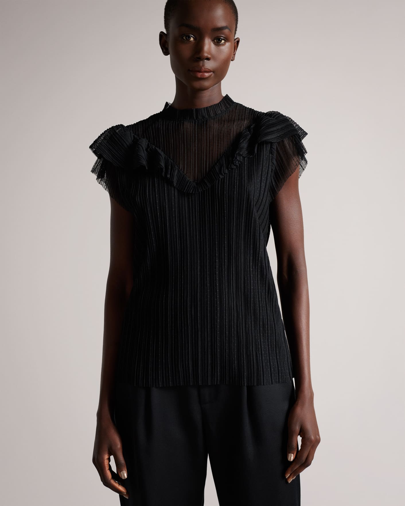 Black Pleated Mesh Top With Frill Ted Baker