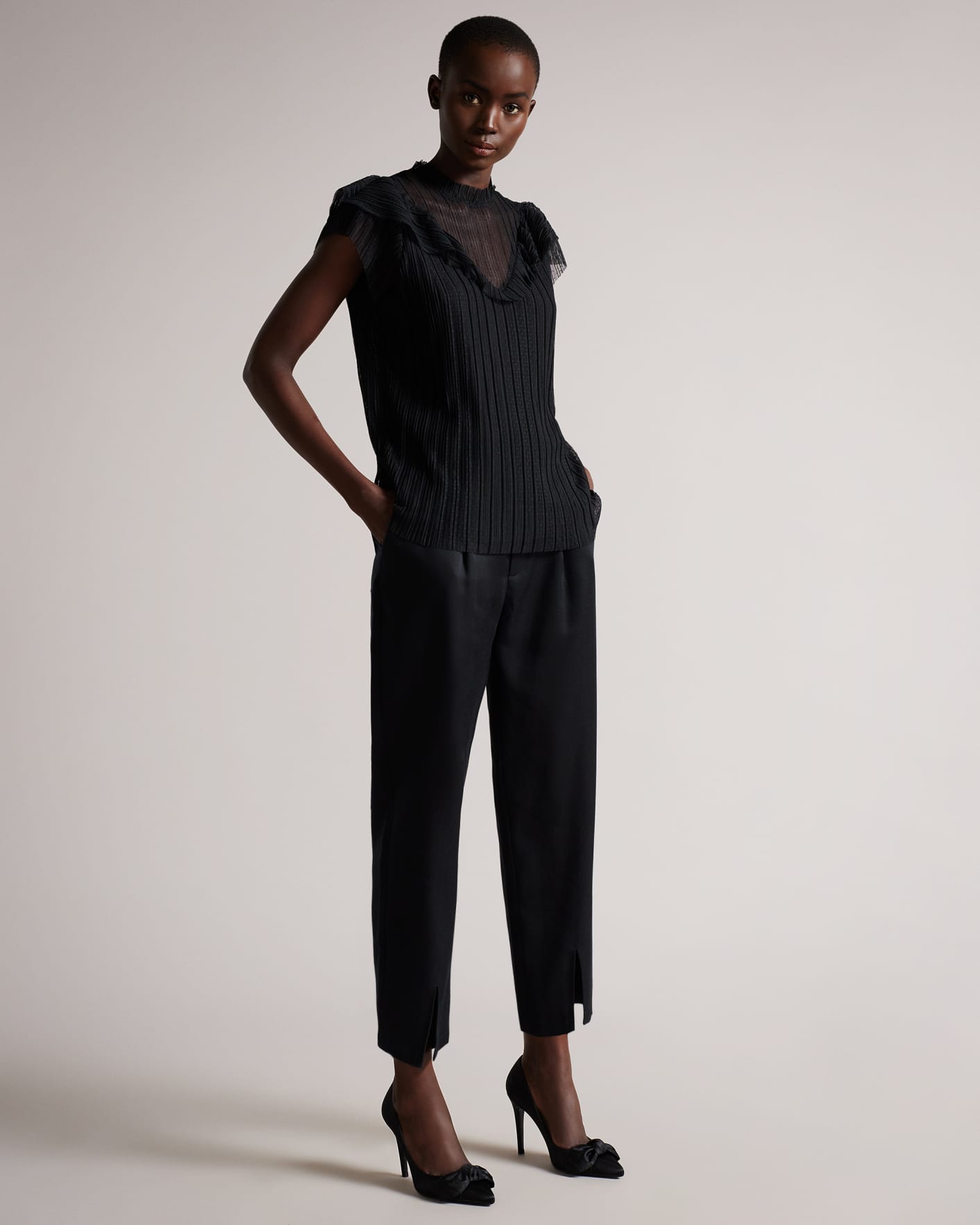 Black Pleated Mesh Top With Frill Ted Baker