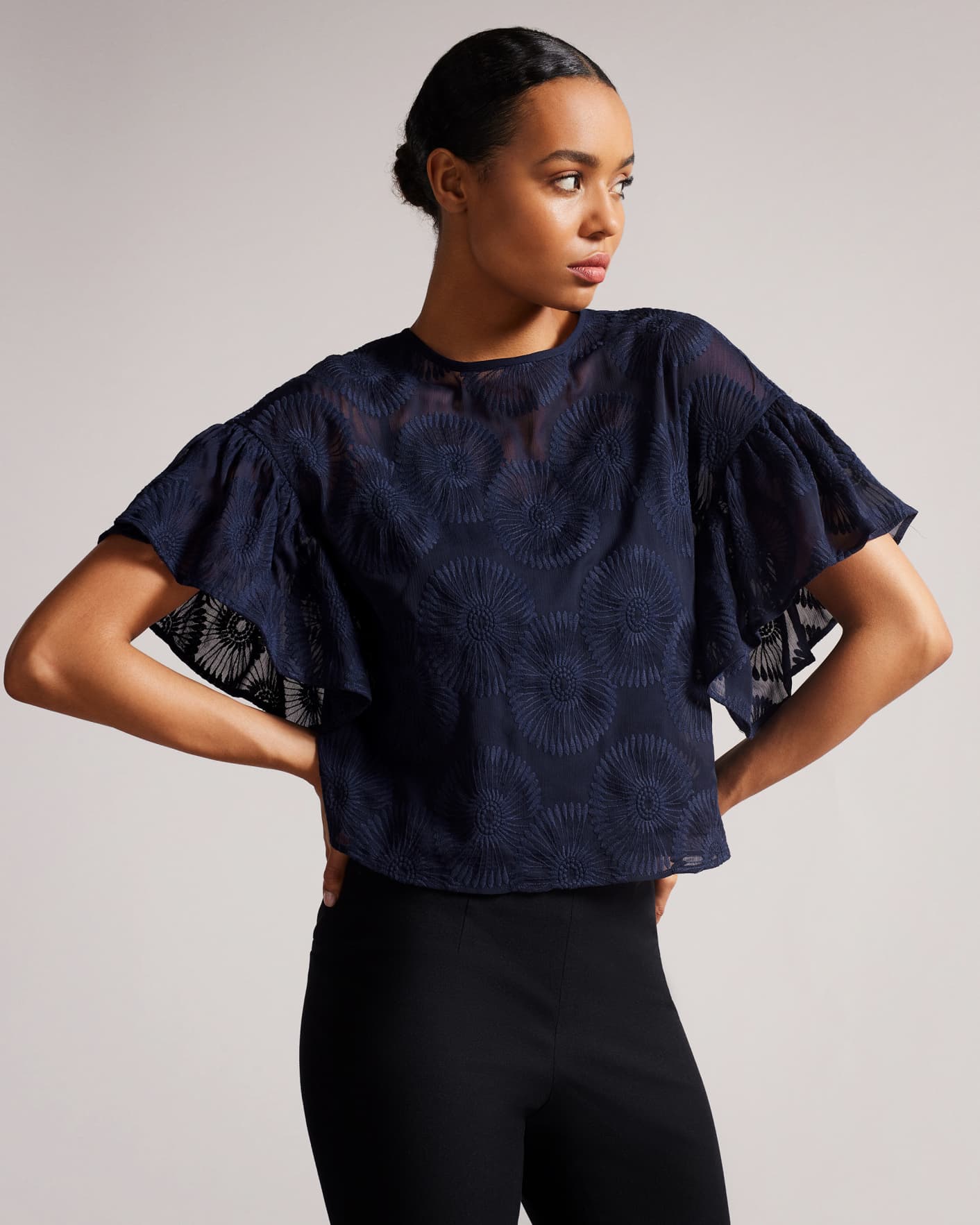 Dark Navy Embroidered Georgette Fluted Sleeve Top Ted Baker