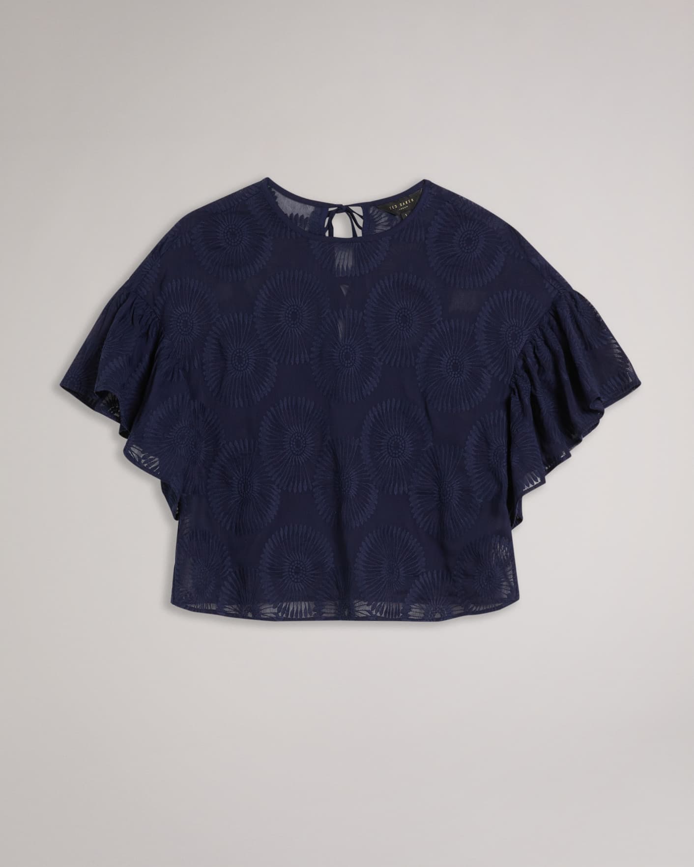 Dark Navy Embroidered Georgette Fluted Sleeve Top Ted Baker