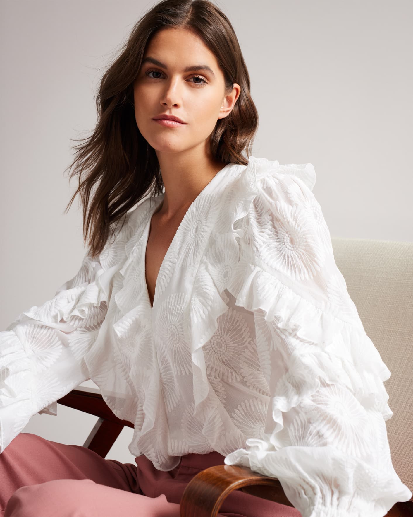 White Ruffle Sleeve Broderie Top Ted Baker