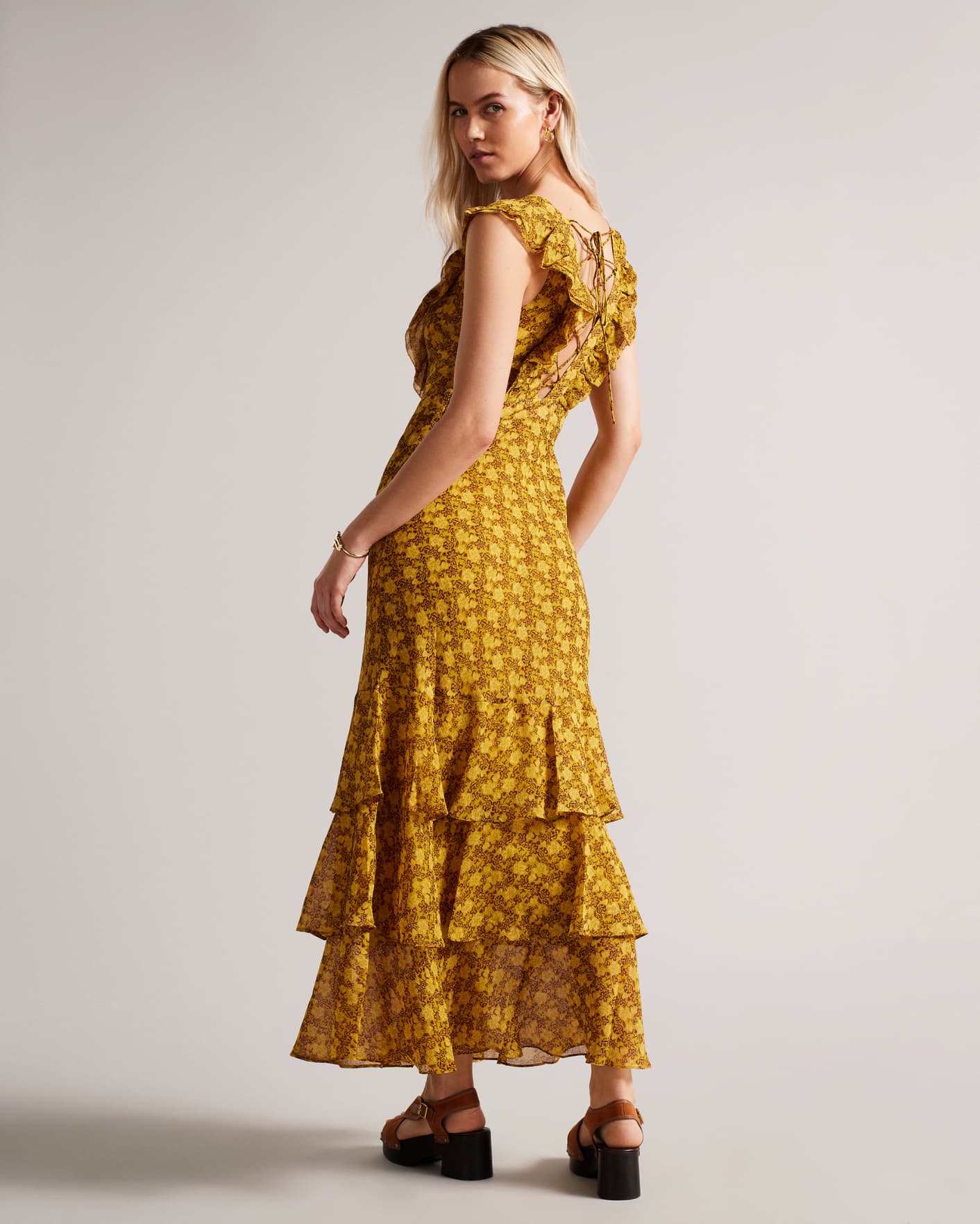 Medium Yellow Low V Neck Ruffle Printed Maxi Dress Ted Baker
