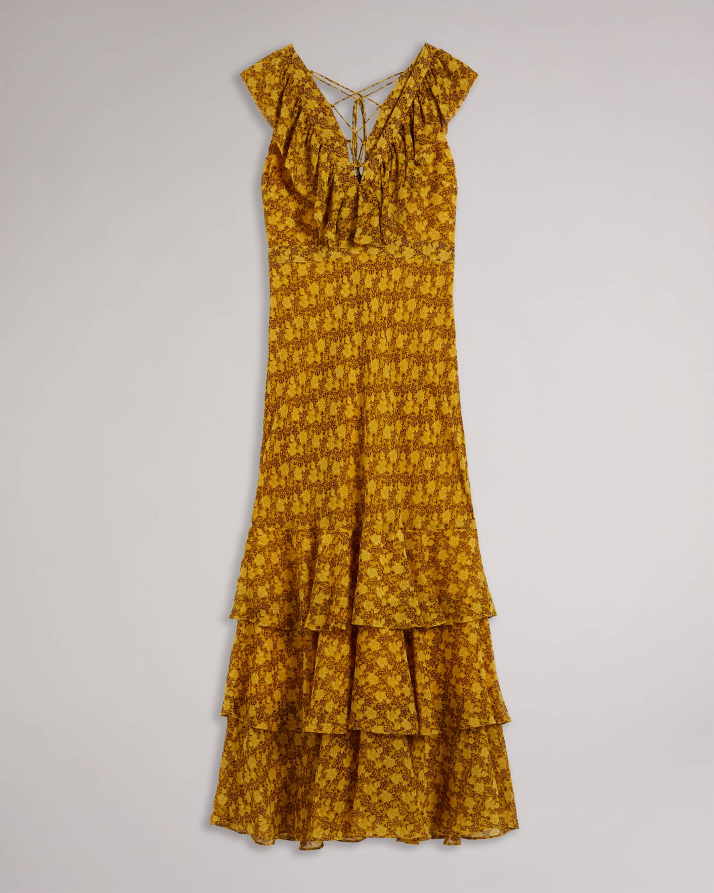 Medium Yellow Low V Neck Ruffle Printed Maxi Dress Ted Baker
