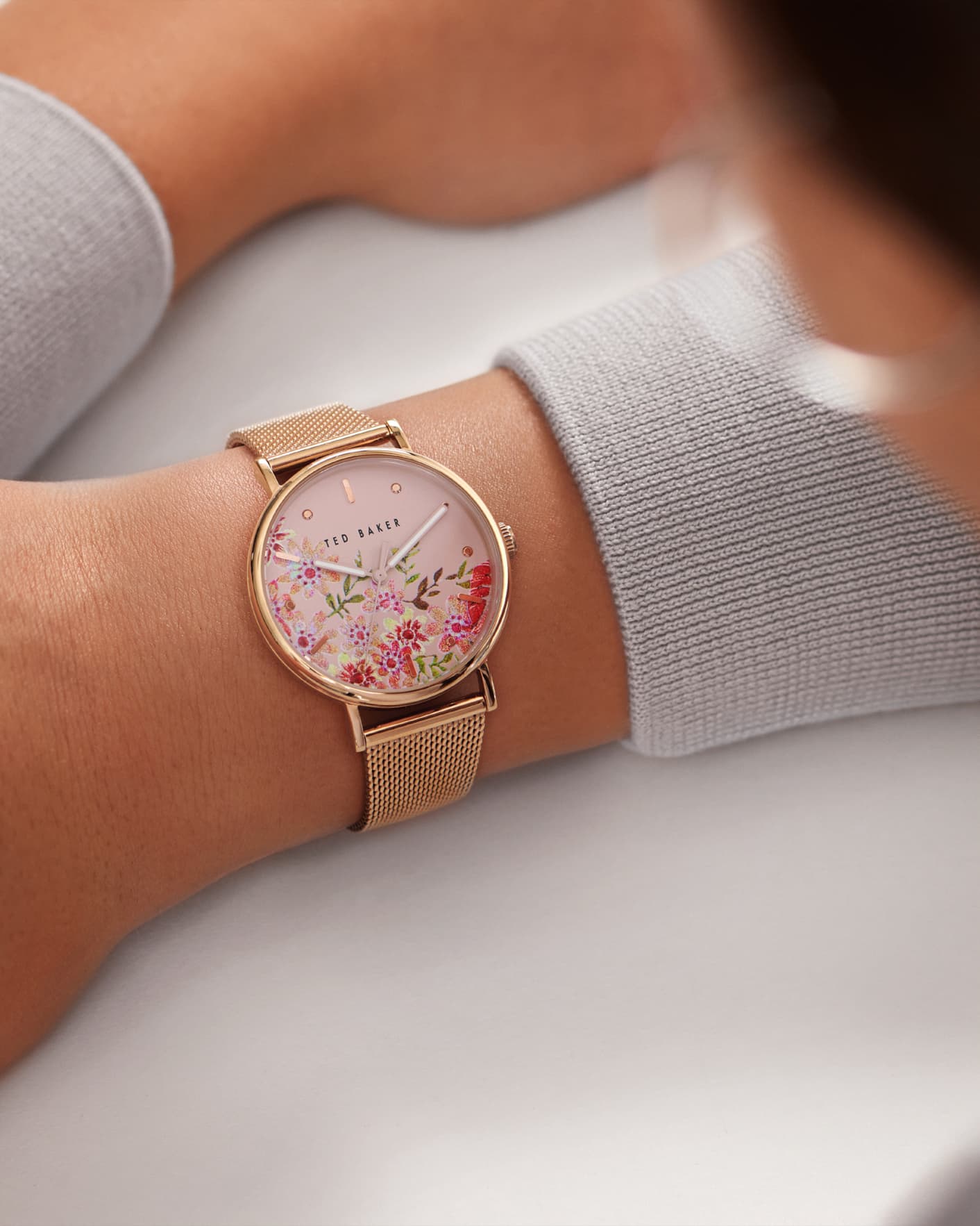 Rose Gold Colour Floral Dial Mesh Strap Watch Ted Baker