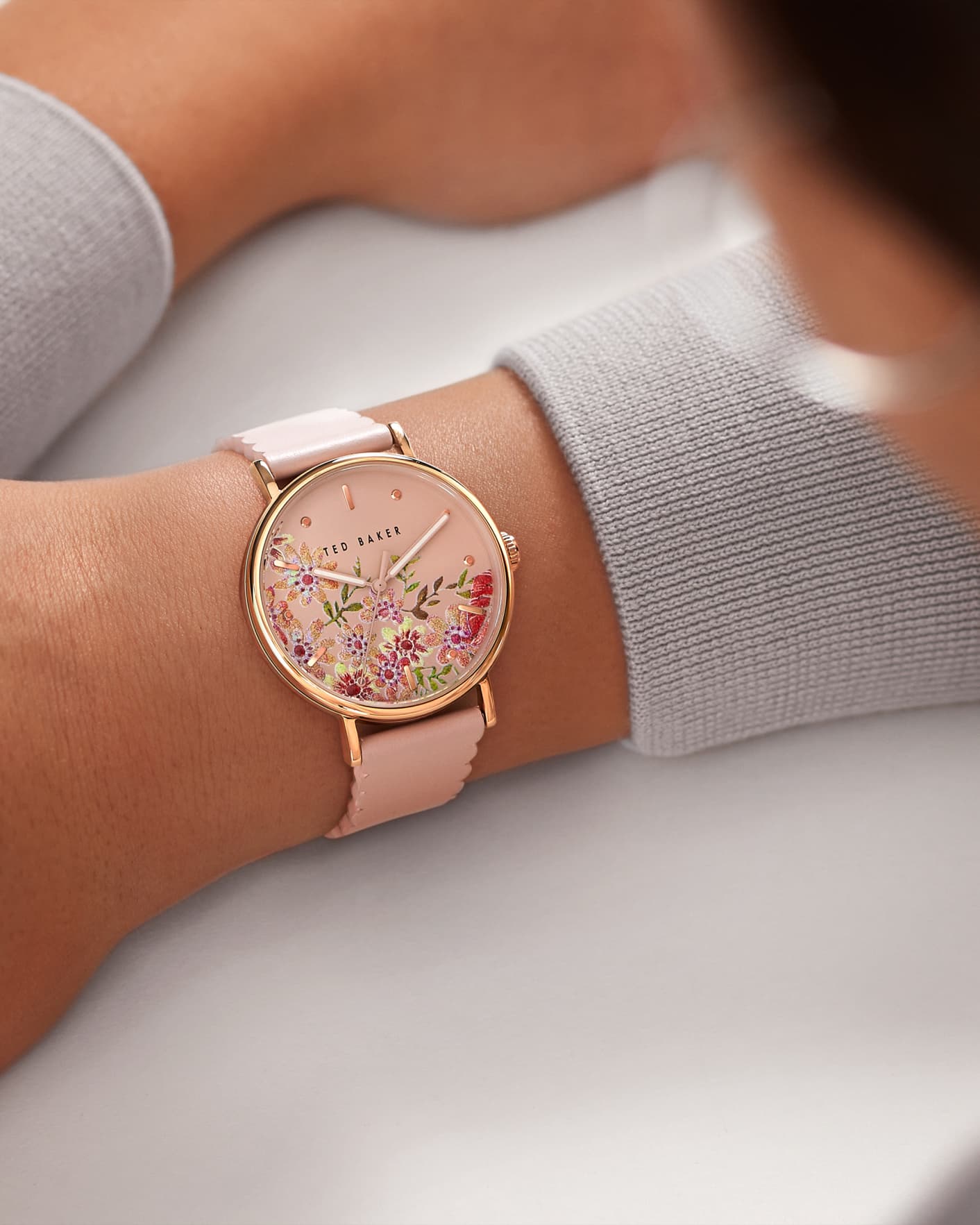 Light Pink Floral Dial Leather Strap Watch Ted Baker