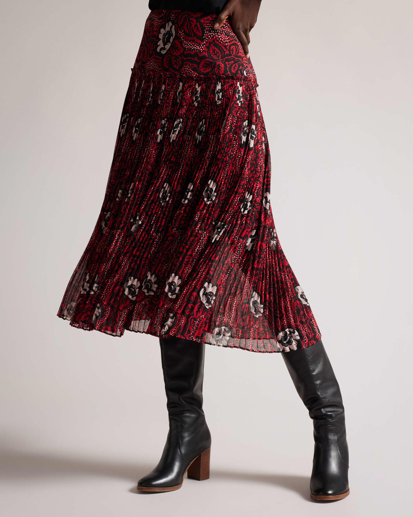 Red Corrugated Dropped Waist Midi Skirt Ted Baker