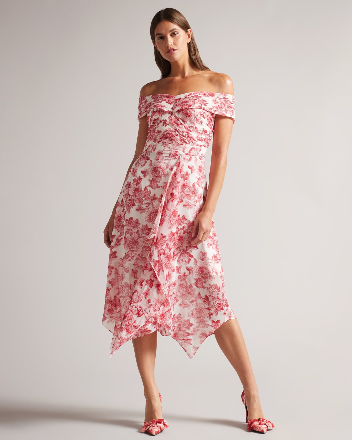 Ivory Bardot Midi Dress with Ruffle Skirt Ted Baker