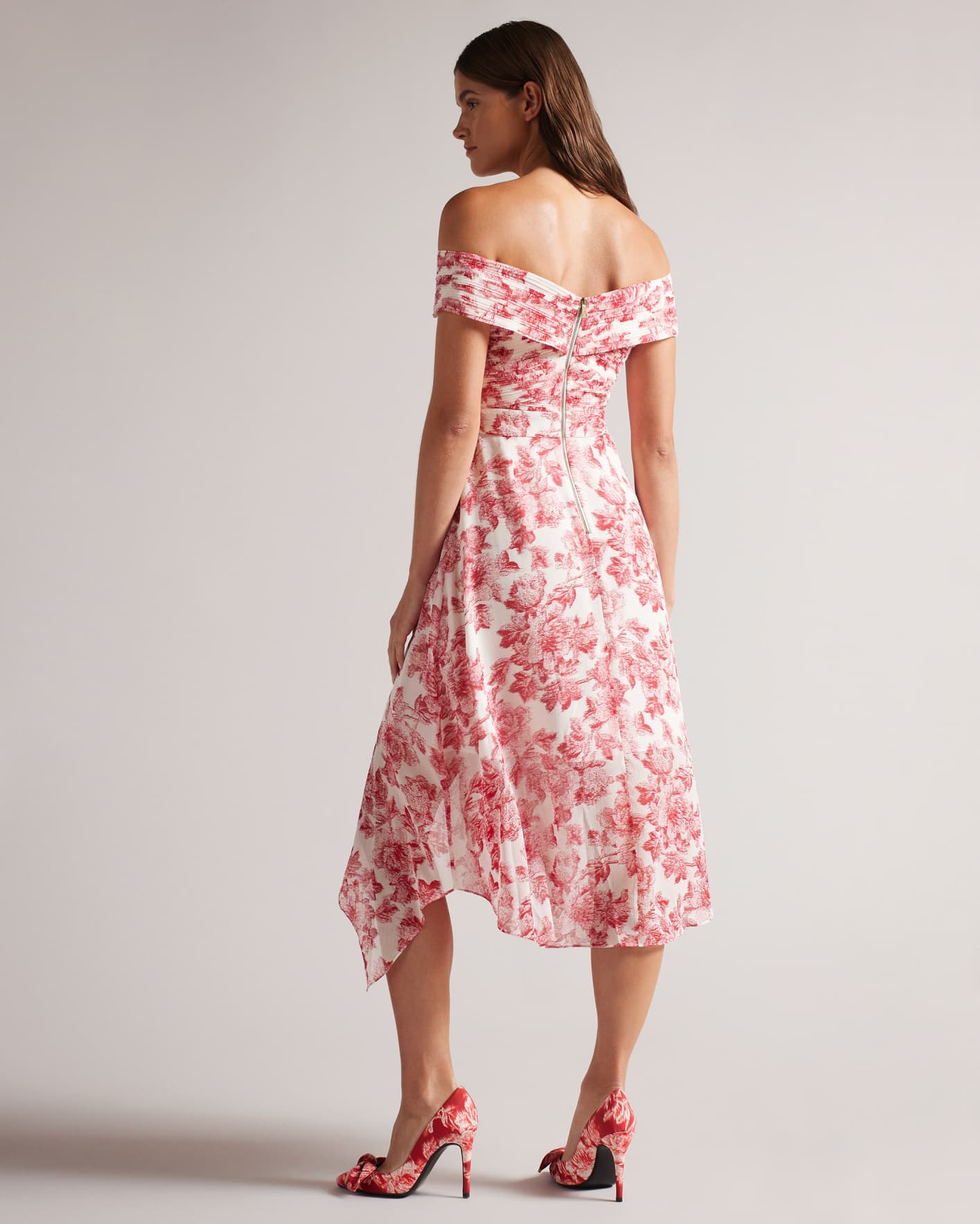 Ivory Bardot Midi Dress with Ruffle Skirt Ted Baker
