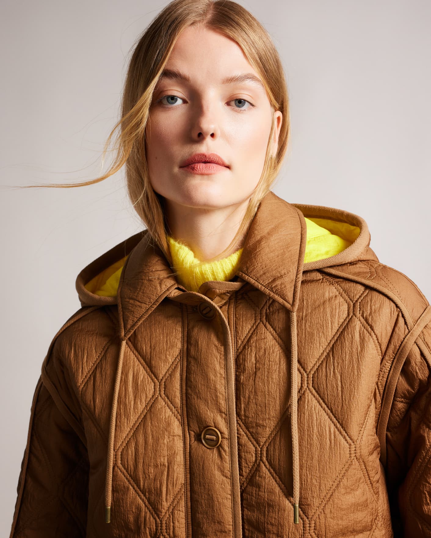 Camel Quilted Jacket With Detachable Hood And Sleeves Ted Baker
