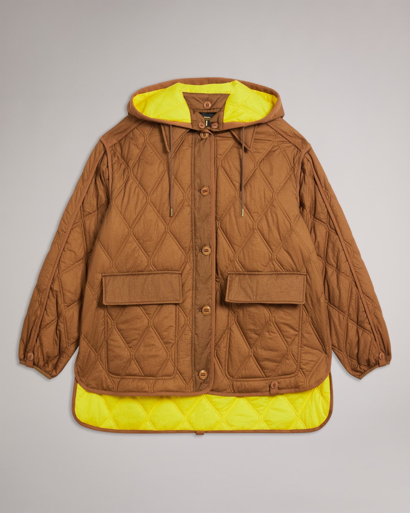 Camel Quilted Jacket With Detachable Hood And Sleeves Ted Baker
