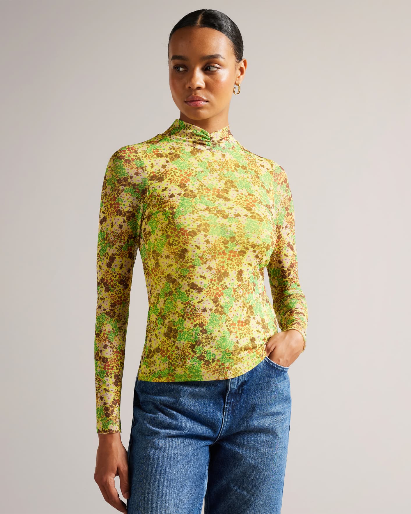 Light Yellow Ditsy Floral Mesh Top Ted Baker