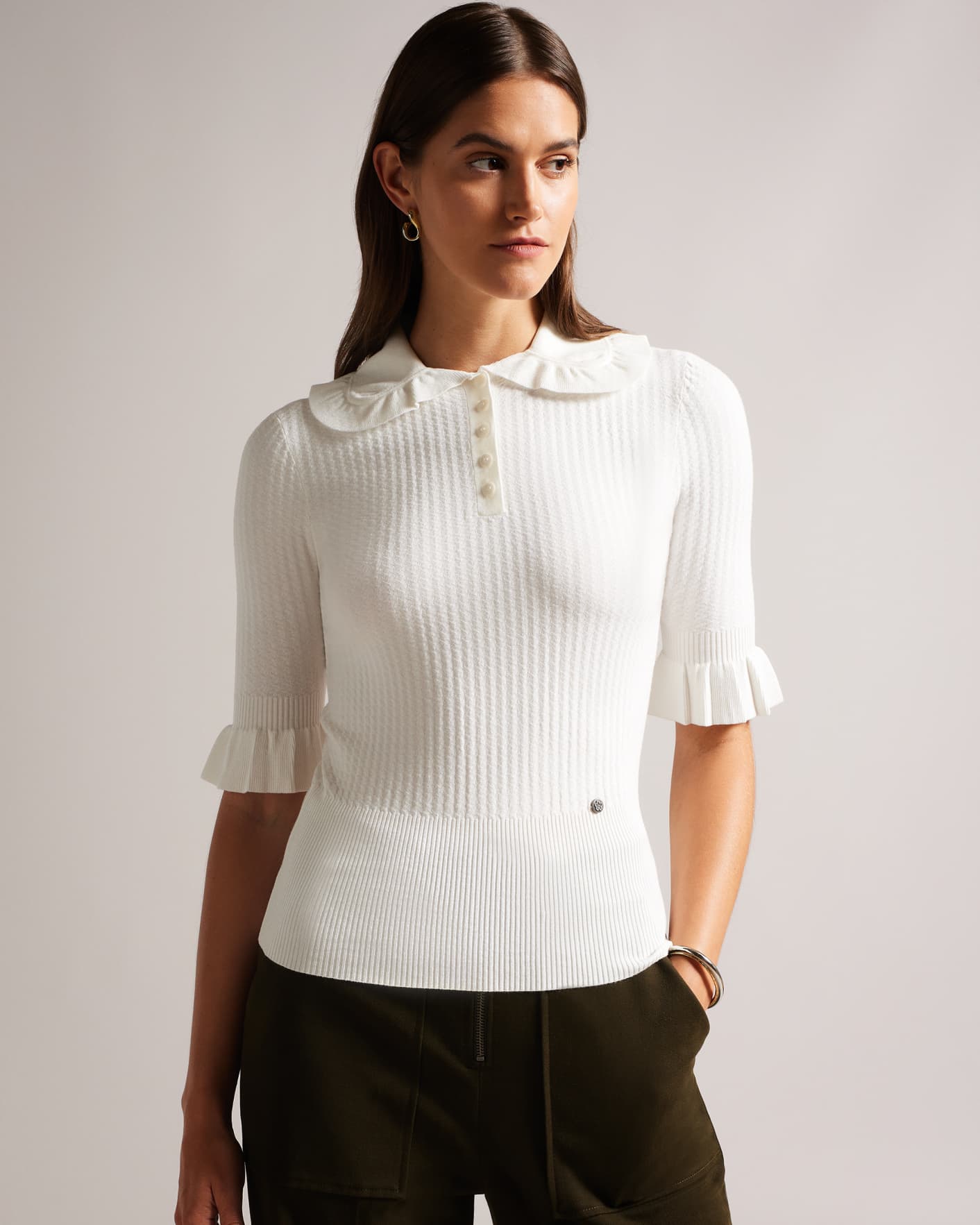 White Frill Oversized Collar Polo Top Ted Baker
