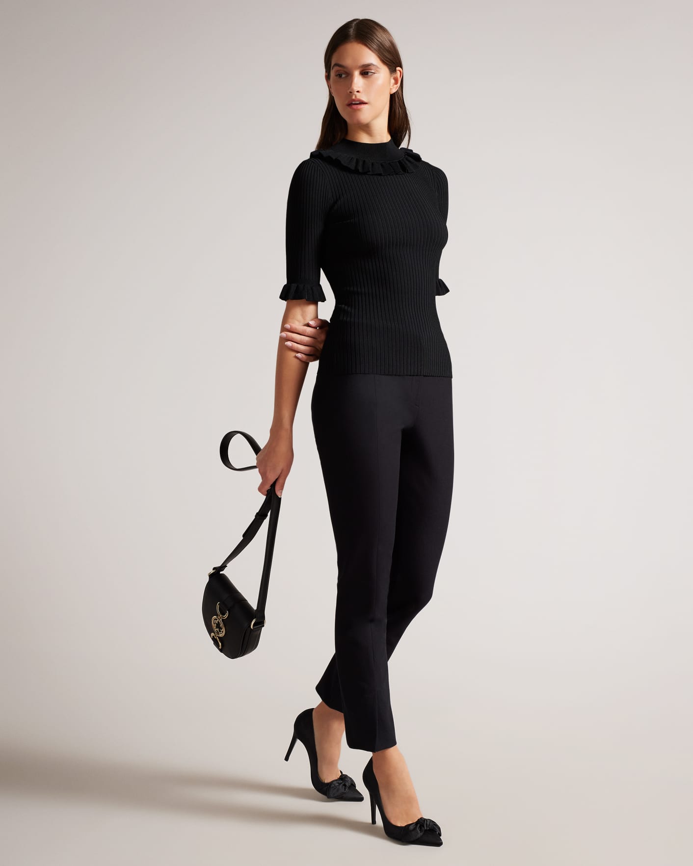 Black Fitted Top With Frill Neck Detail Ted Baker