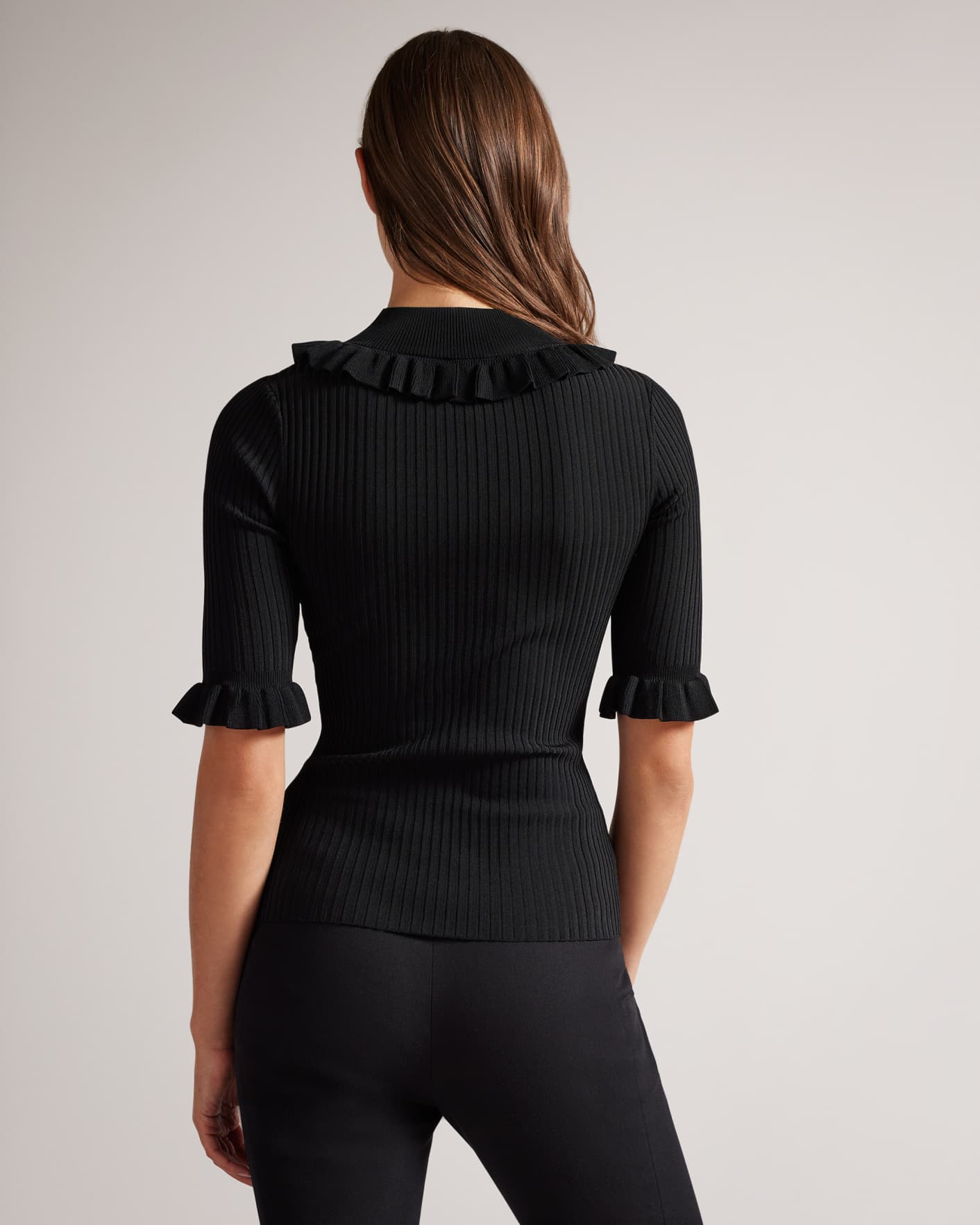 Black Fitted Top With Frill Neck Detail Ted Baker