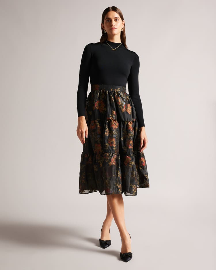 AUDRIA - Knit Bodice Dress With Tiered Midi Skirt