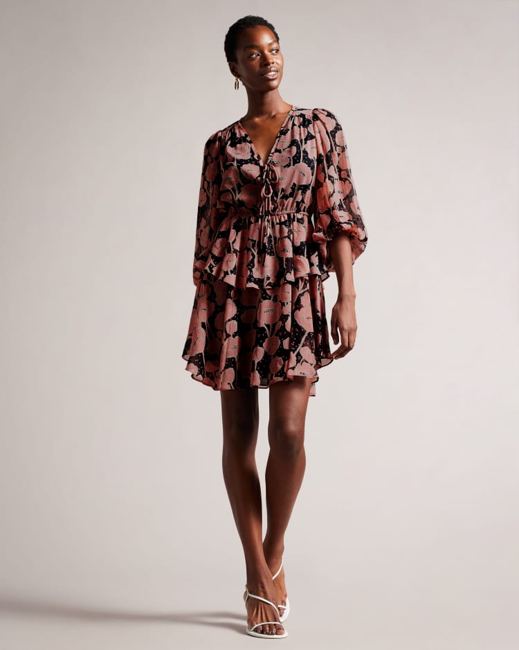 PRIANA - Poppy Print Tie Front Mini Dress