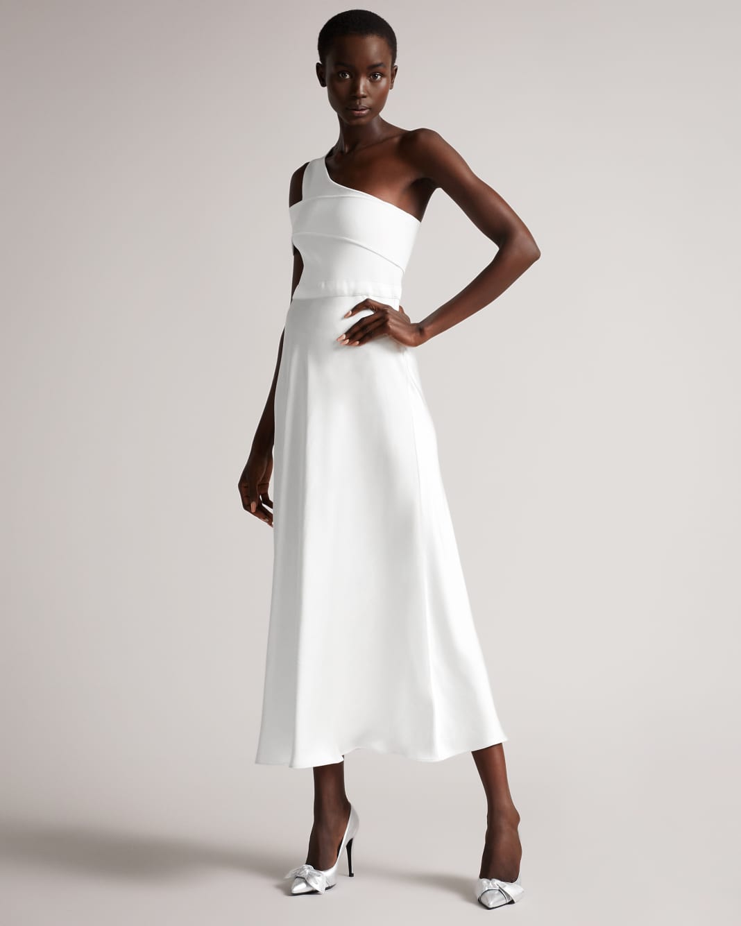테드 베이커 원피스 Ted Baker Asymmetric Knit Bodice Dress With Satin Skirt,White